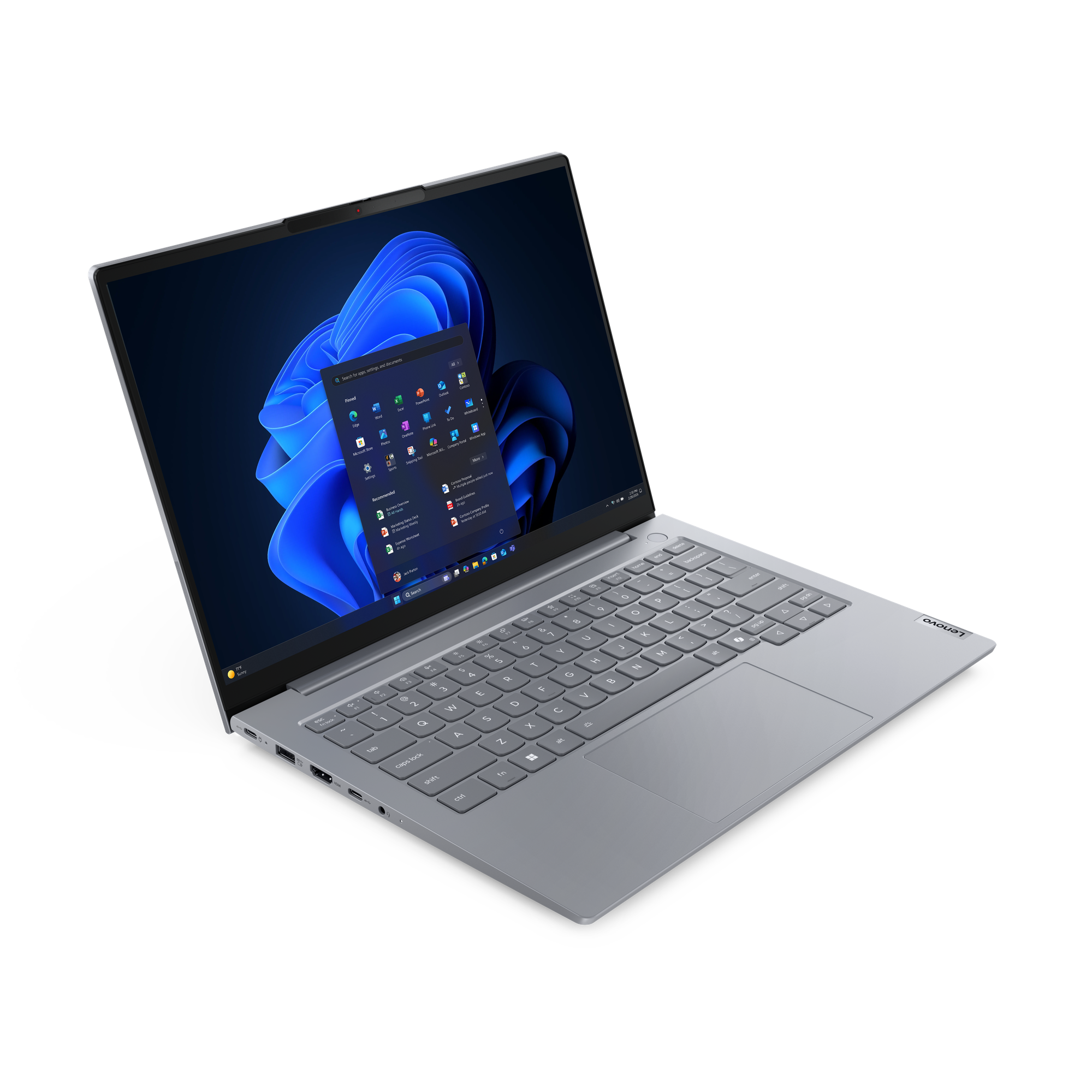 Ein silberner Laptop mit geöffnetem Bildschirm, der Windows 11 zeigt.