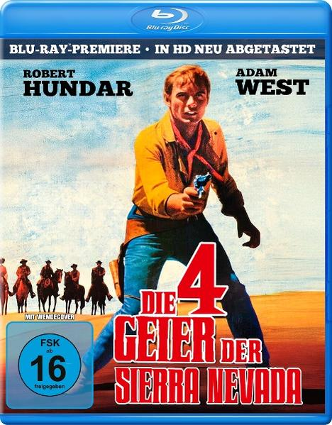 Ein Mann in gelber Jacke zielt mit einer Pistole. Unten: vier Reiter.
