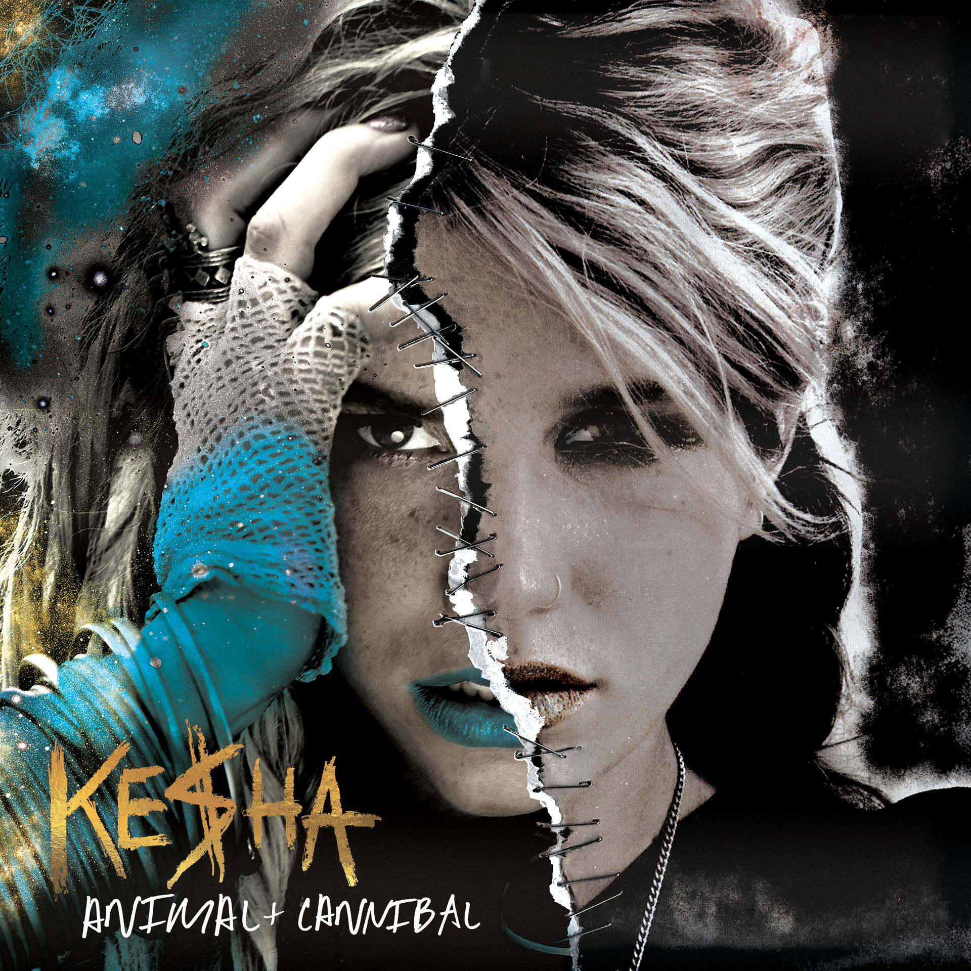 Kesha-Cover mit geteiltem Gesicht, blauem Lippenstift und Nahtdetails.