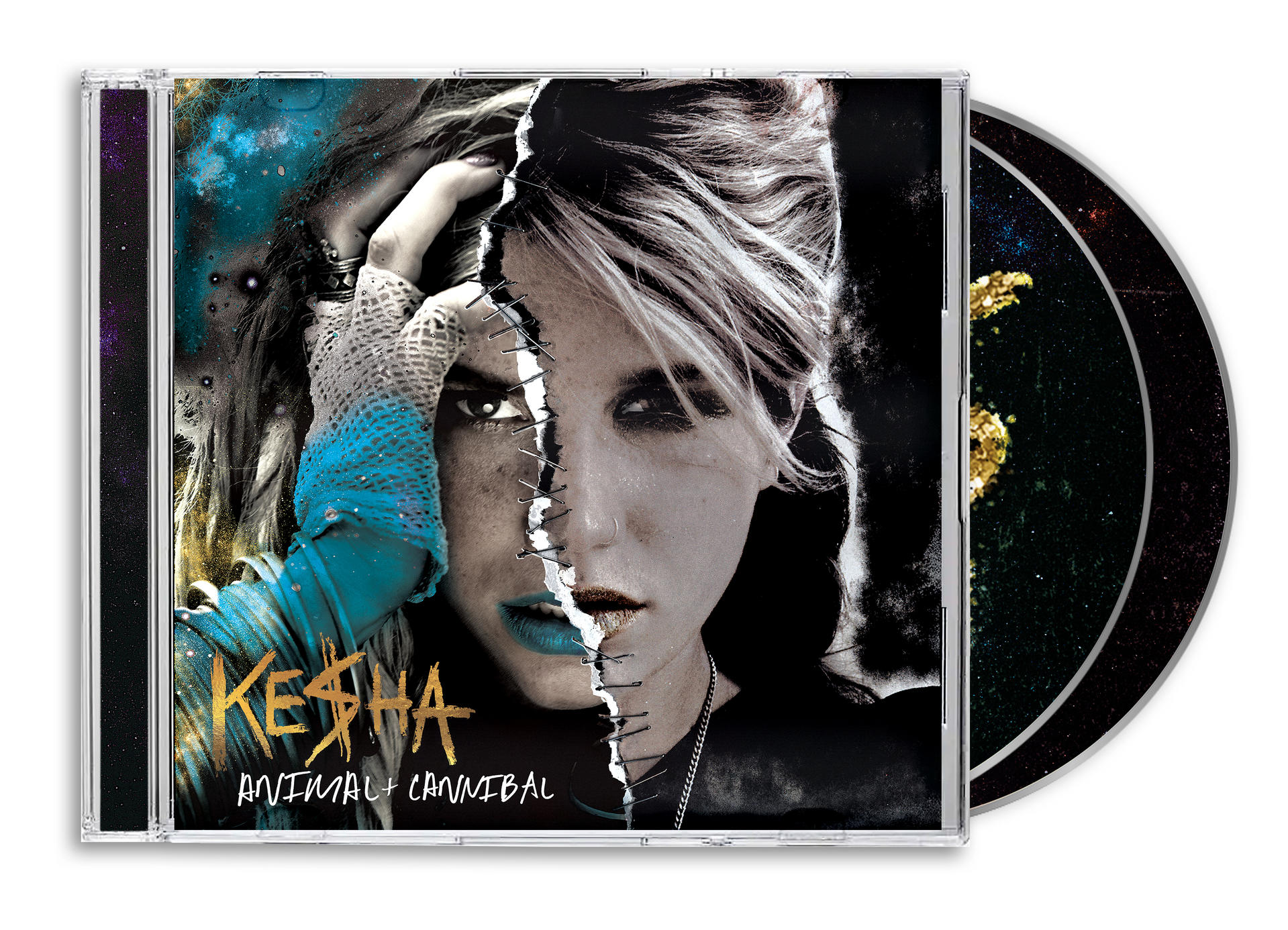 Kesha Albumcover: Gespaltenes Gesicht mit Sternen und Text.