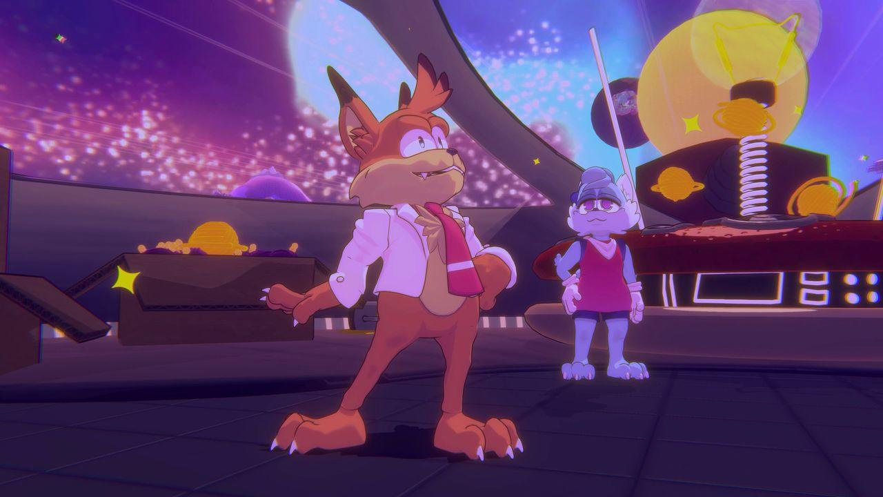 Ein Fuchs-Charakter in weißem Hemd und roter Krawatte steht neben einem Hasen-Charakter im rosa Kleid.