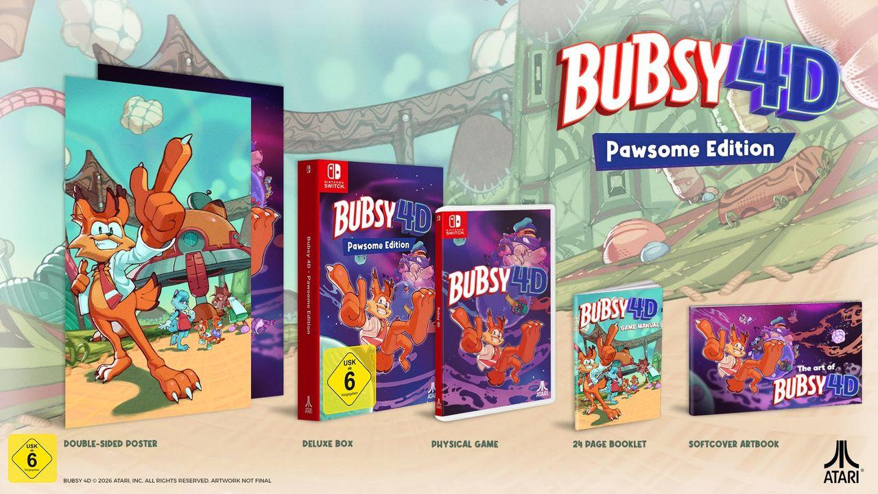 Bubsy 4D Pawsome Edition: Poster, Deluxe Box, Spiel, Heft und Artbook.