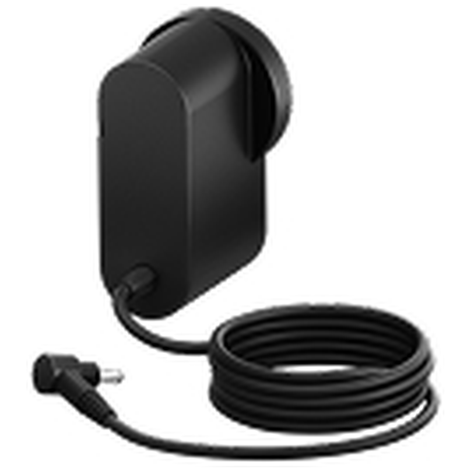 Black power adapter with coiled cable and angled plug.