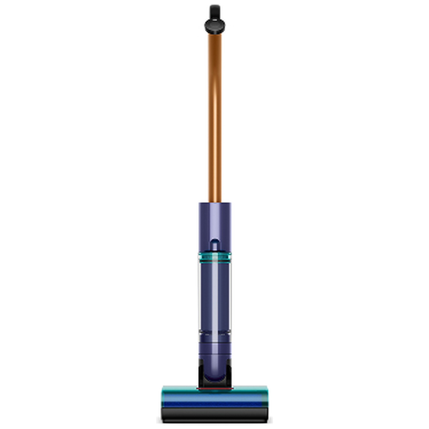A blue stick vacuum cleaner with a brown wand and brush head.