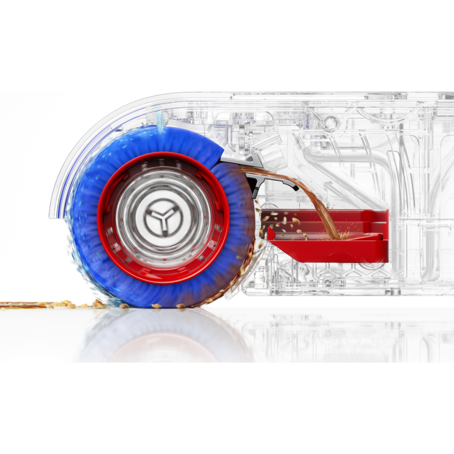 Blue brush roll cleans debris, which flows into a red receptacle.
