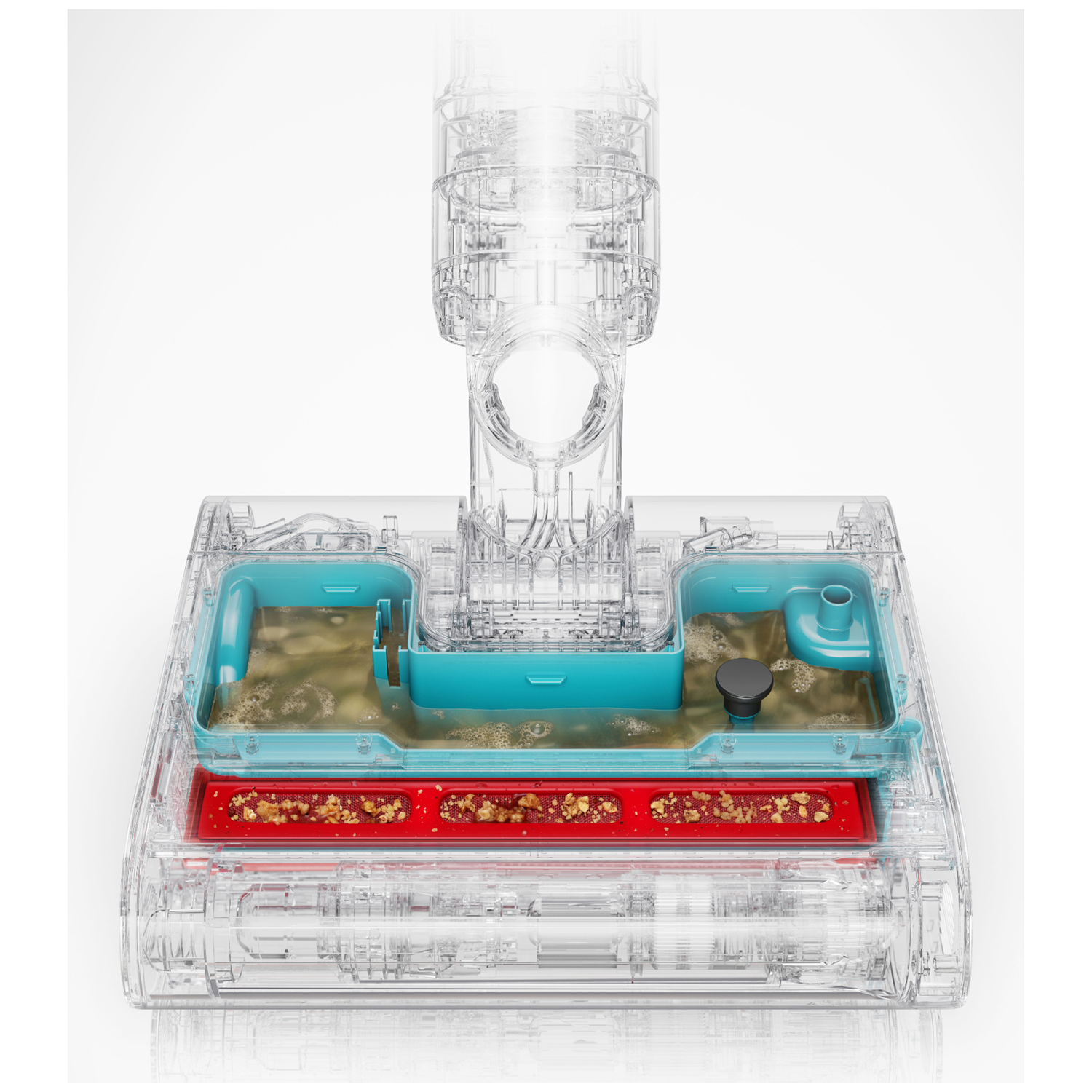 Transparent vacuum head with water and dirt compartments.