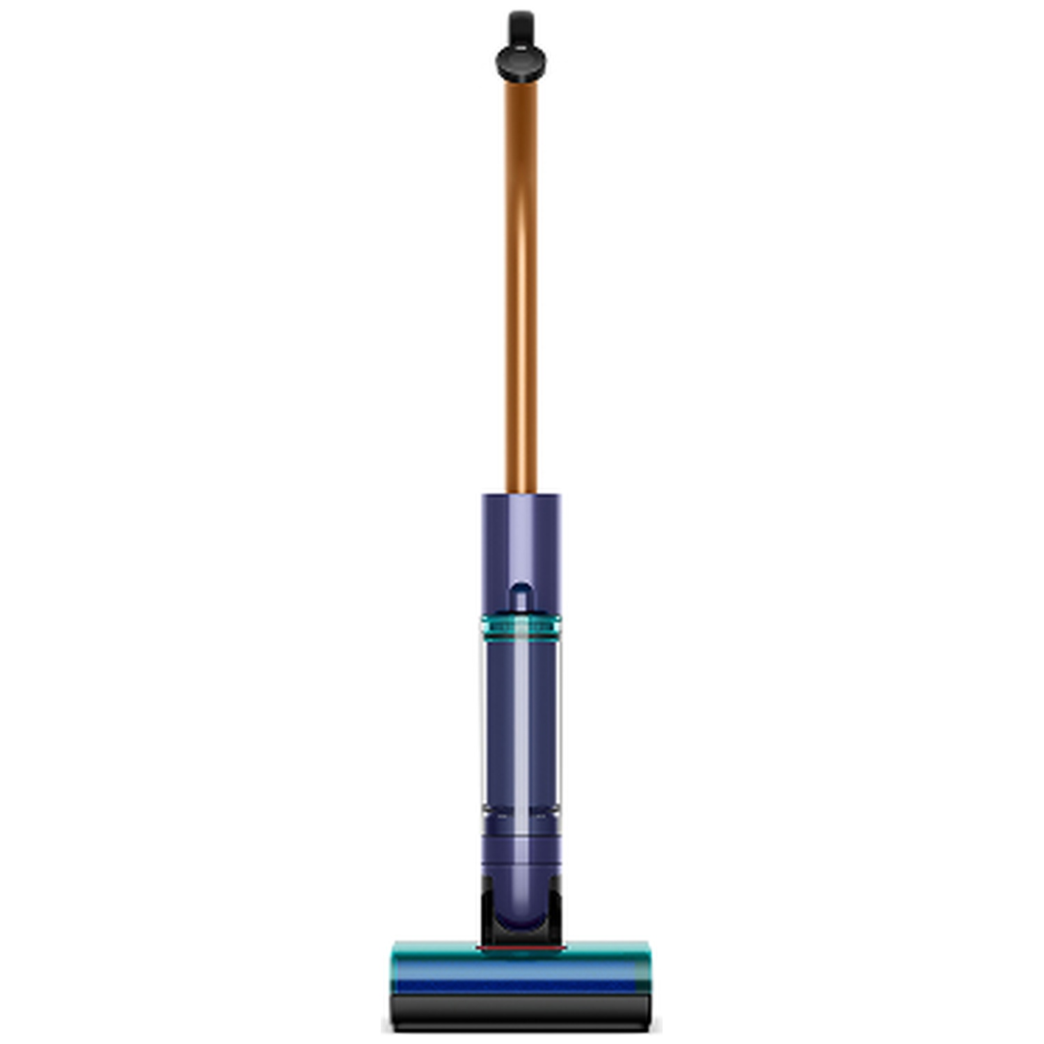 Een blauwe steelstofzuiger met een koperen steel en vloerzuigmond.