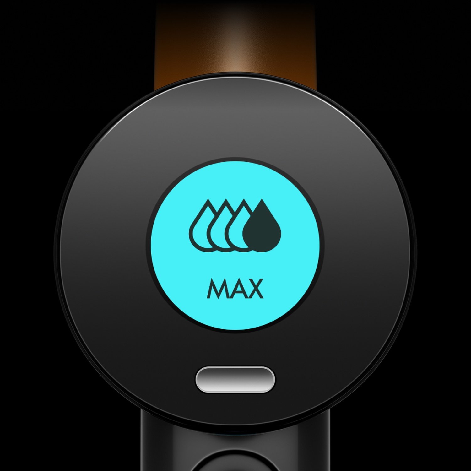 Een rond display toont vier waterdruppelsymbolen en het woord MAX.
