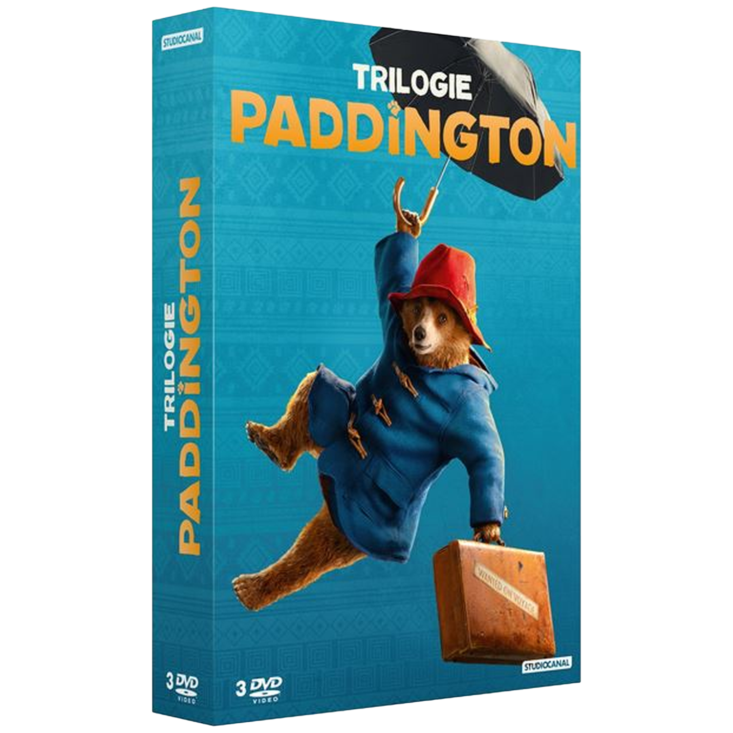 Boîtier DVD Trilogie Paddington avec Paddington tenant une valise et un parapluie.