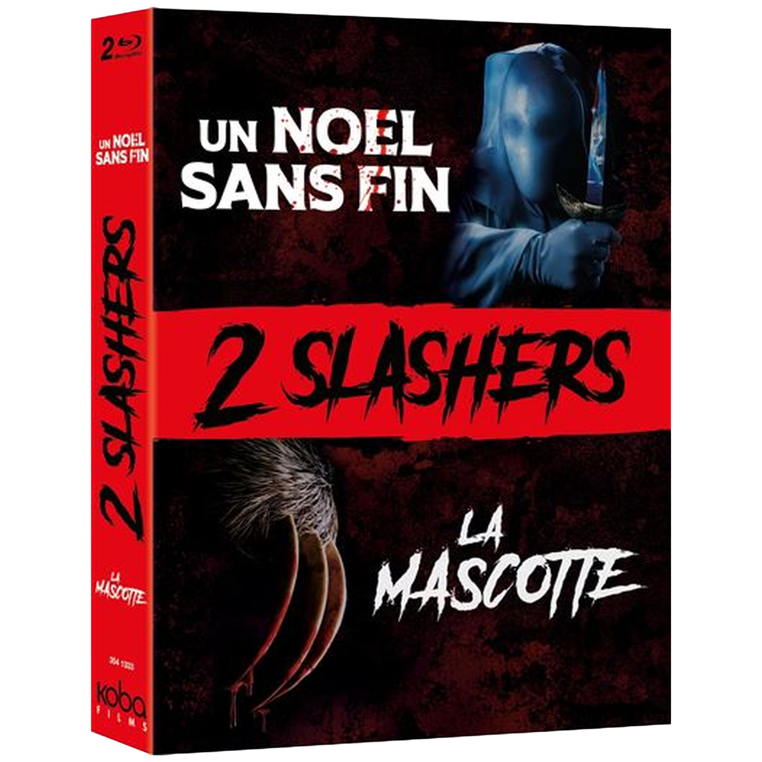 Couverture de film d'horreur avec une silhouette bleue à capuche tenant un couteau.
