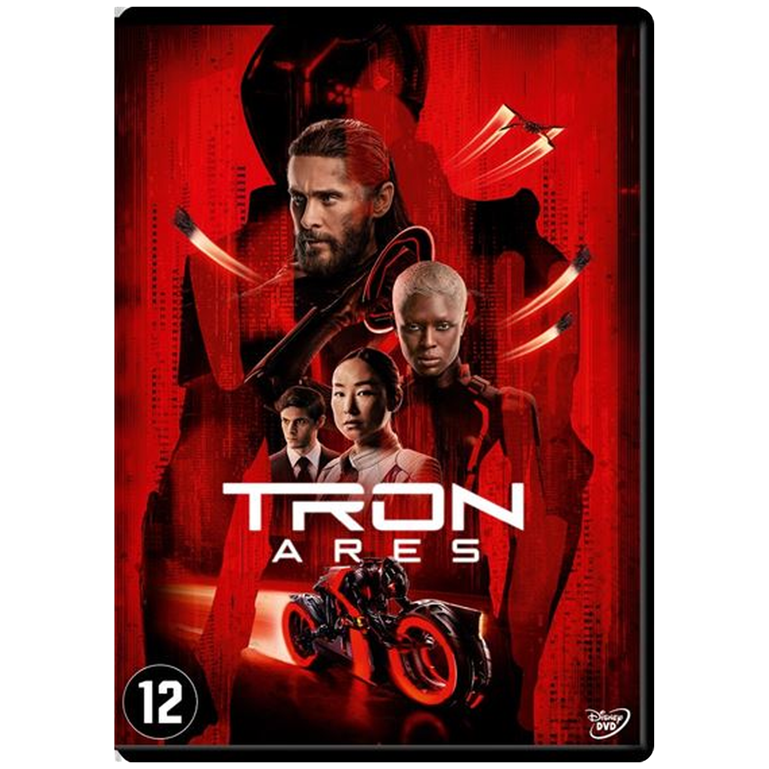 Affiche de Tron: Ares : Jared Leto, une moto et d'autres personnages sur fond rouge.