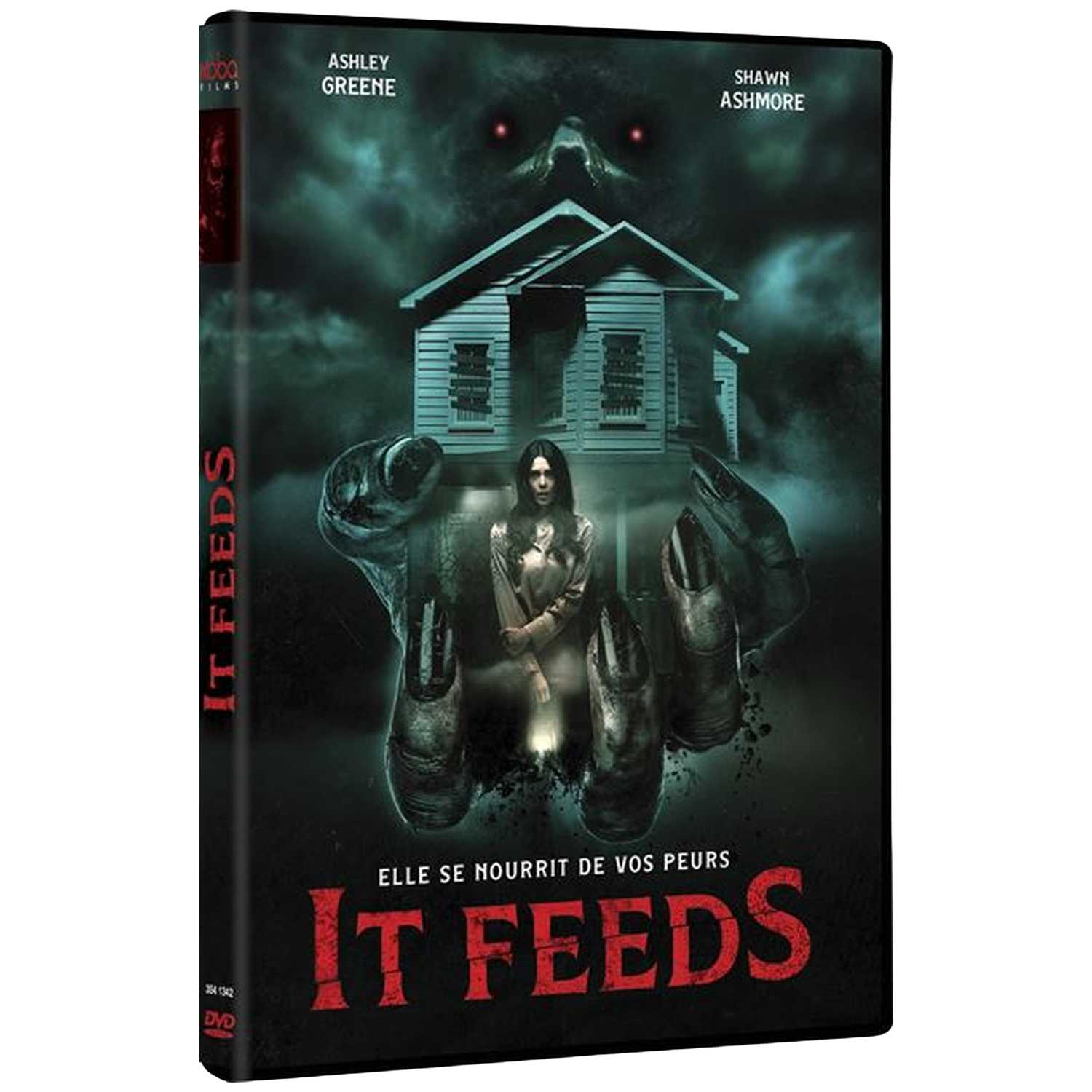 Couverture DVD : Maison, main géante, femme, monstre, titre IT FEEDS.