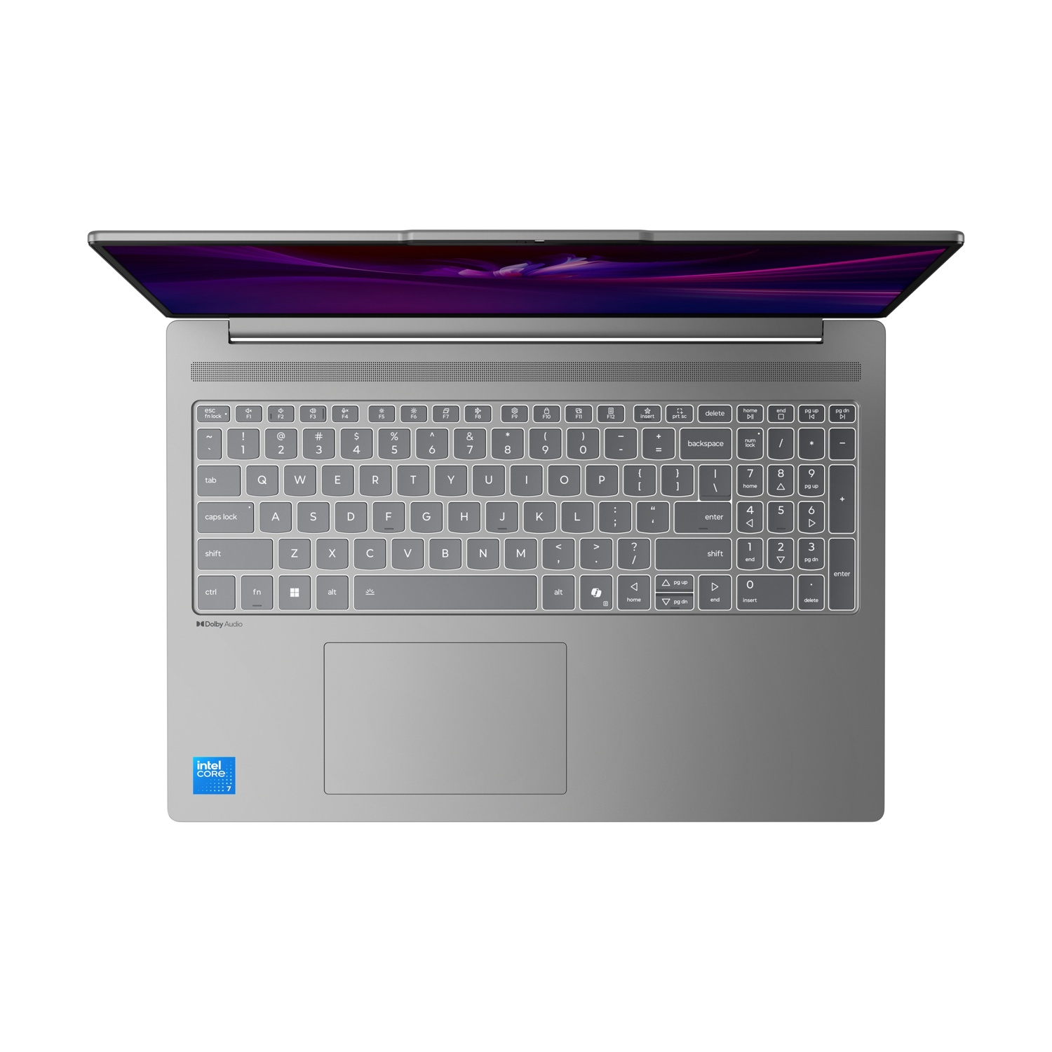 Laptop grigio con schermo e tastiera aperti. Adesivo Intel Core.