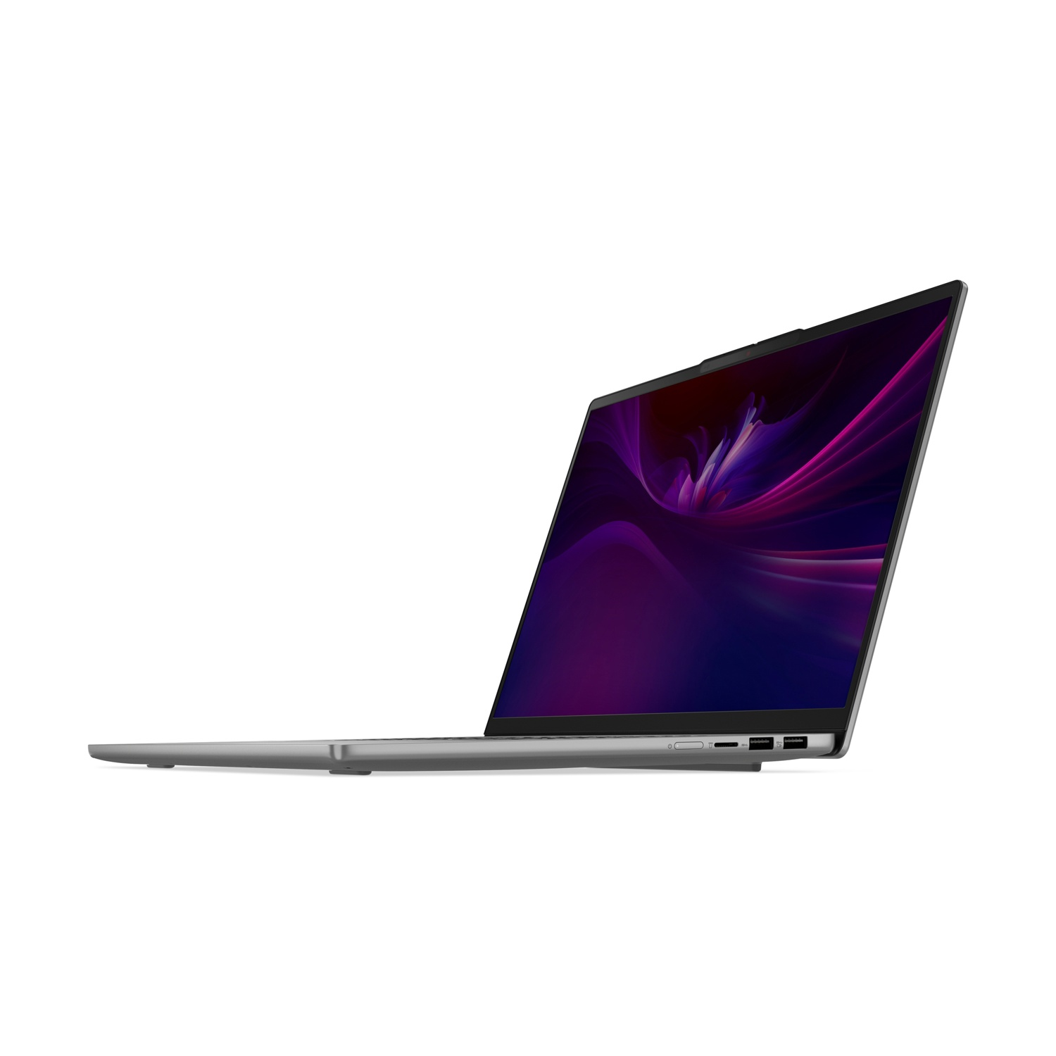 Un laptop argentato con sfondo viola, su sfondo bianco.