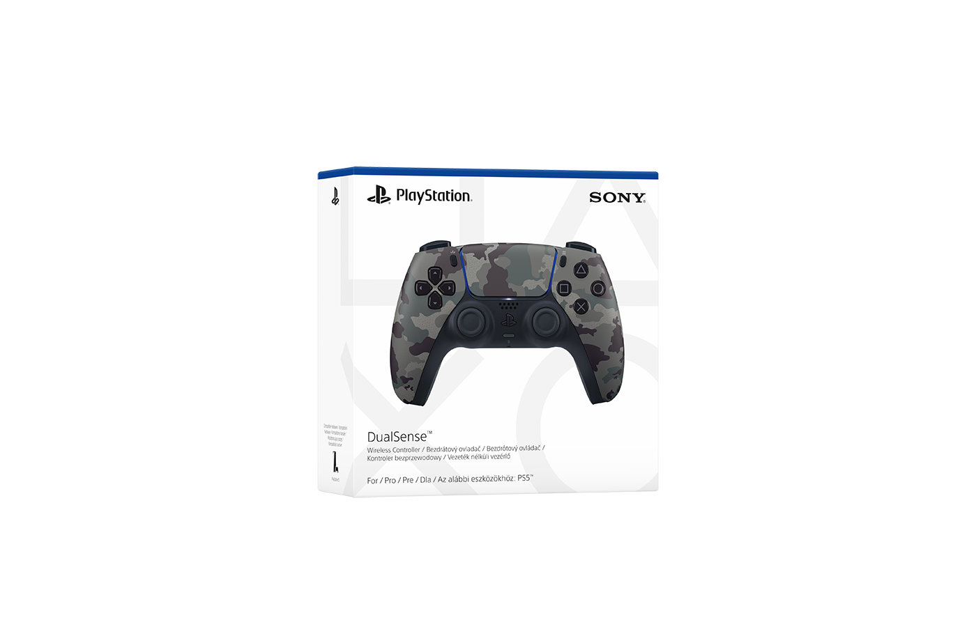 PlayStation DualSense kontrolcü kamuflaj desenli kutuda.