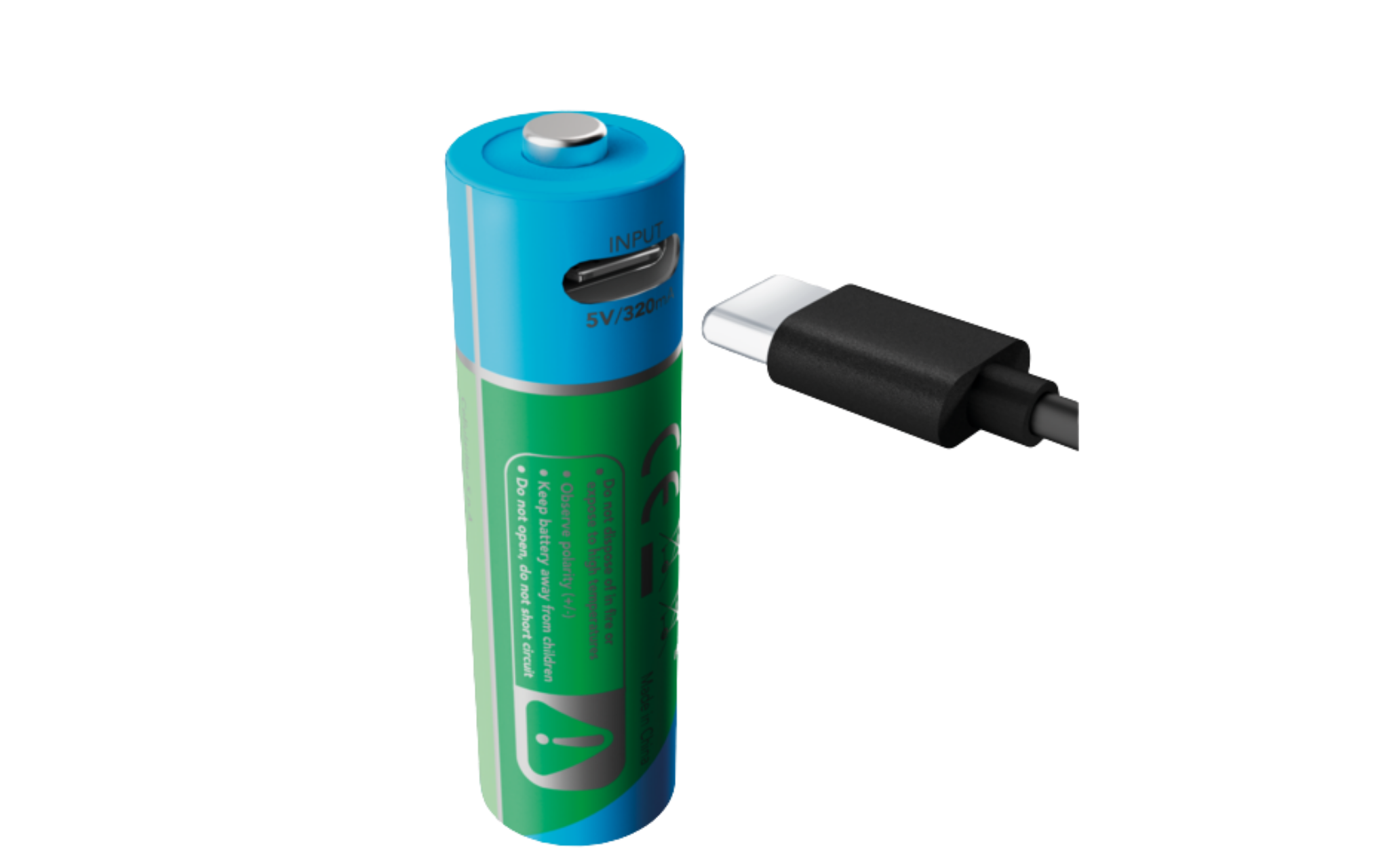 USB-C şarj portlu ve kablolu mavi ve yeşil pil.