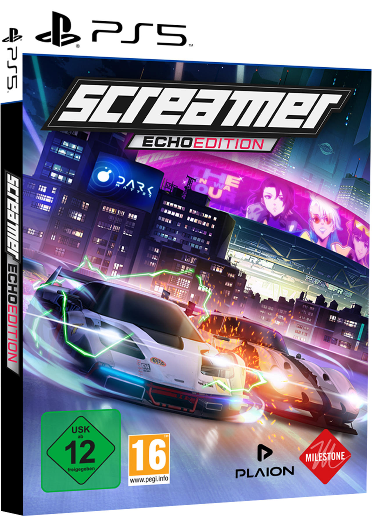 Screamer Echo Edition PS5-Spielcover mit Rennwagen vor städtischer Kulisse.