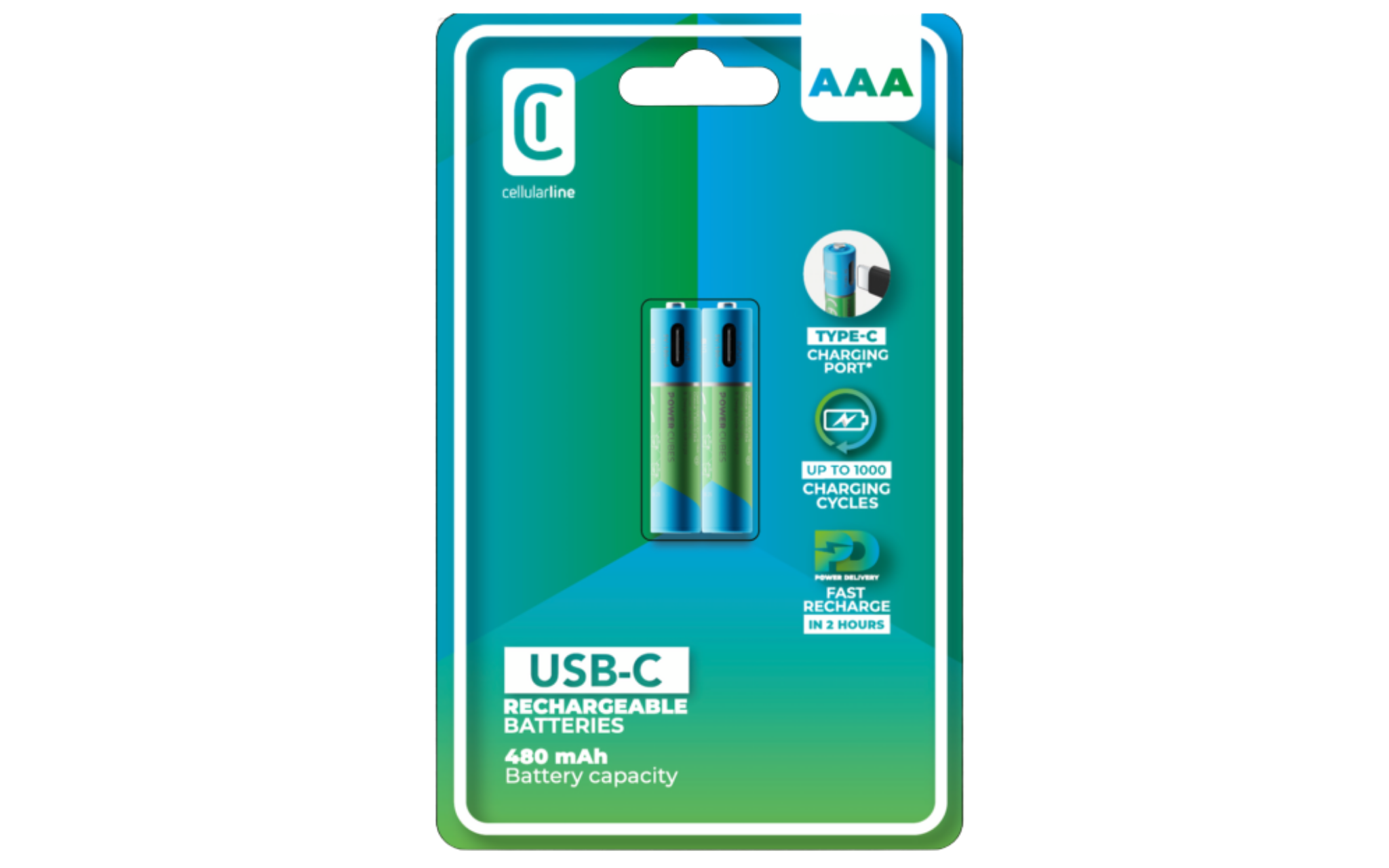 USB-C bağlantı noktasına sahip iki AAA şarj edilebilir pil, 480 mAh.