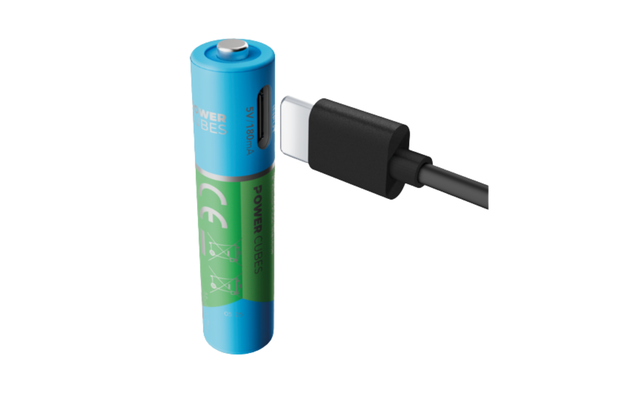 Mavi bir pil USB-C kablosuyla şarj ediliyor.
