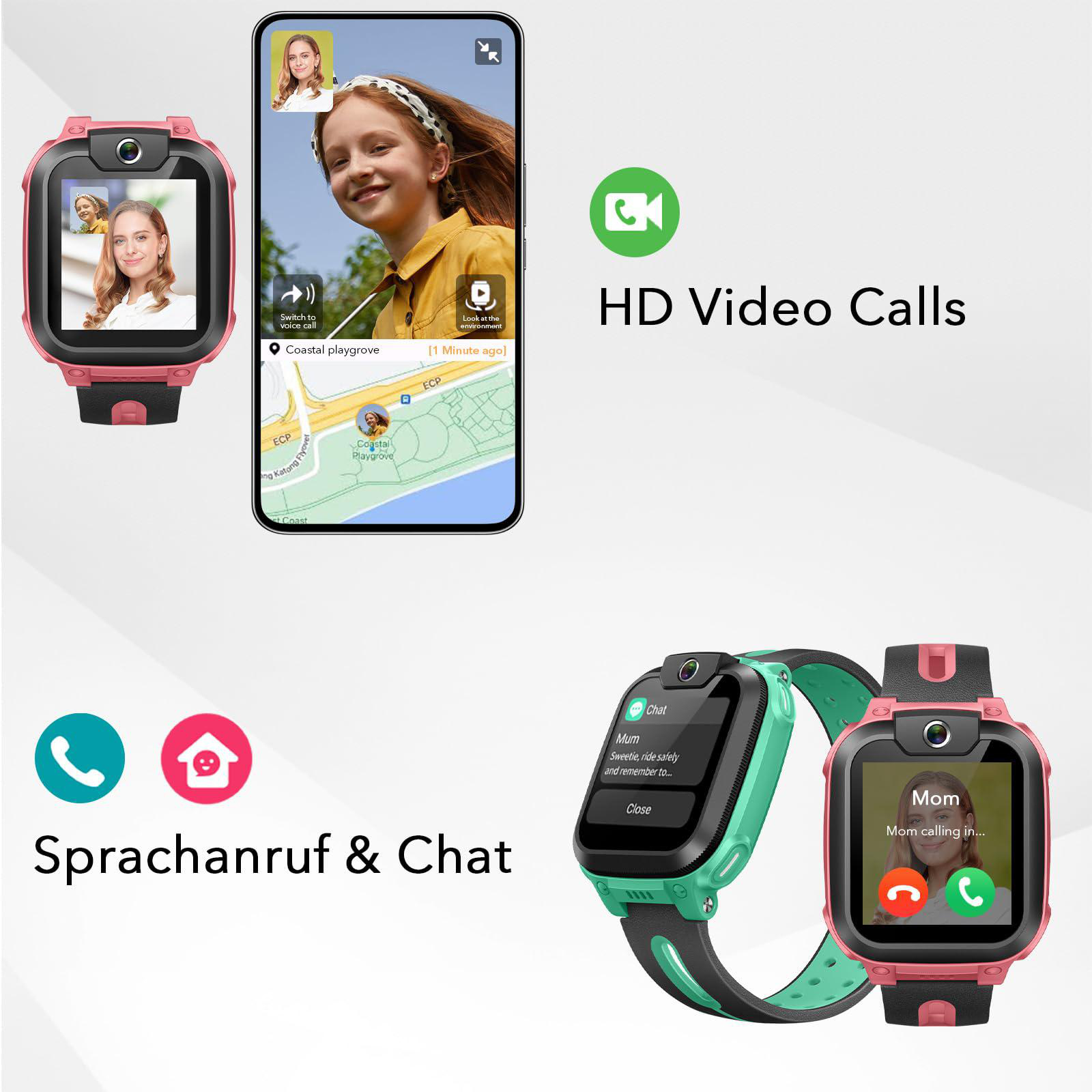 Zwei Smartwatches mit Videoanruf- und Chat-Funktionen. Eine zeigt einen Anruf von 