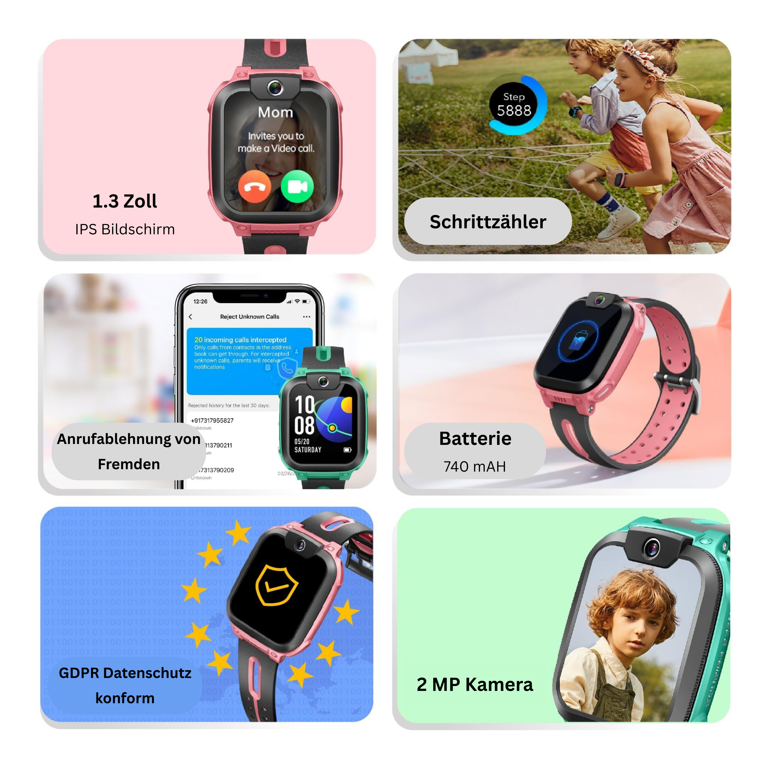 Produktübersicht: Smartwatch mit Videoanruf, Schrittzähler, Akku, GDPR & Kamera.