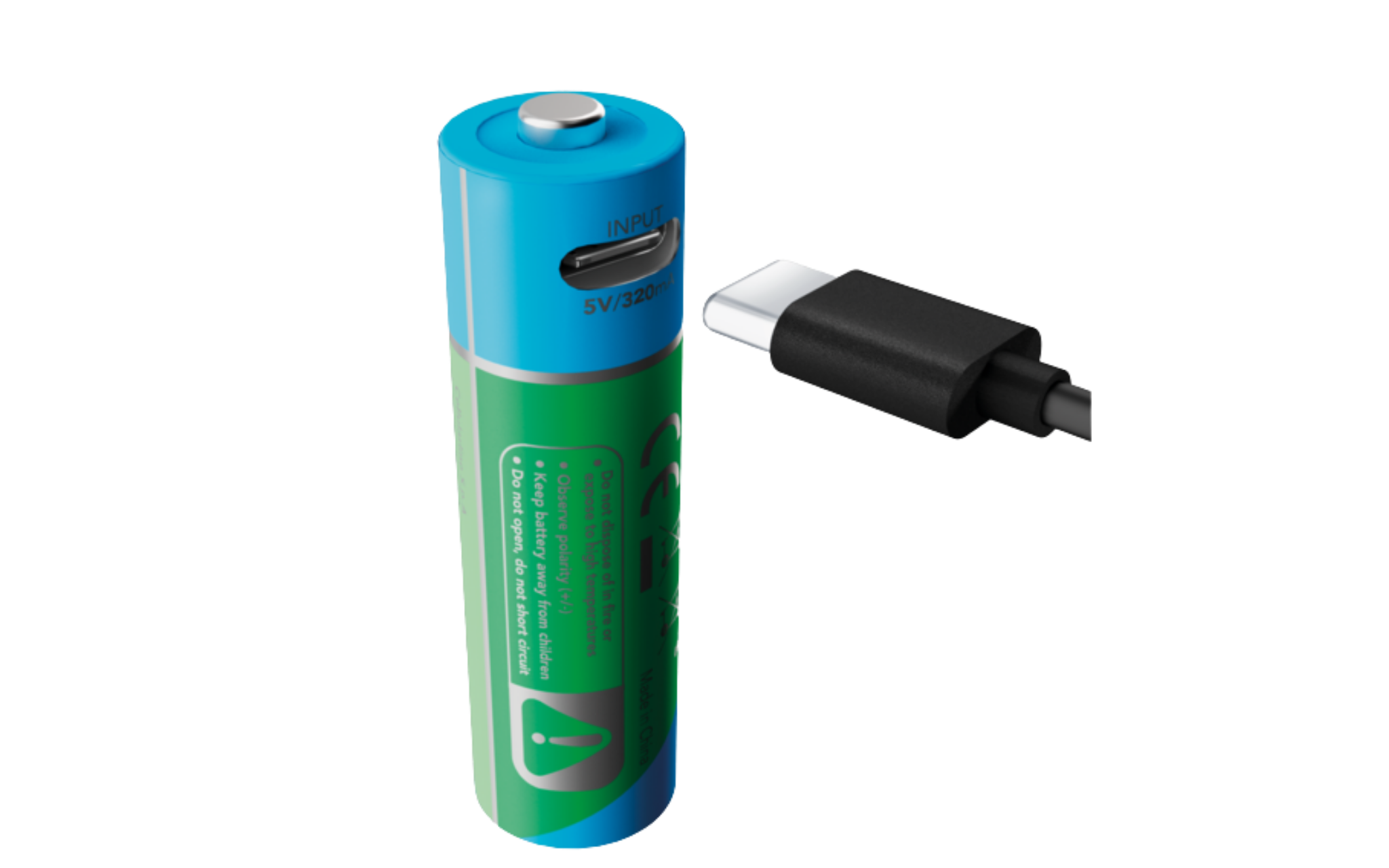 Giriş portuna USB-C kablosu takılı mavi ve yeşil pil.