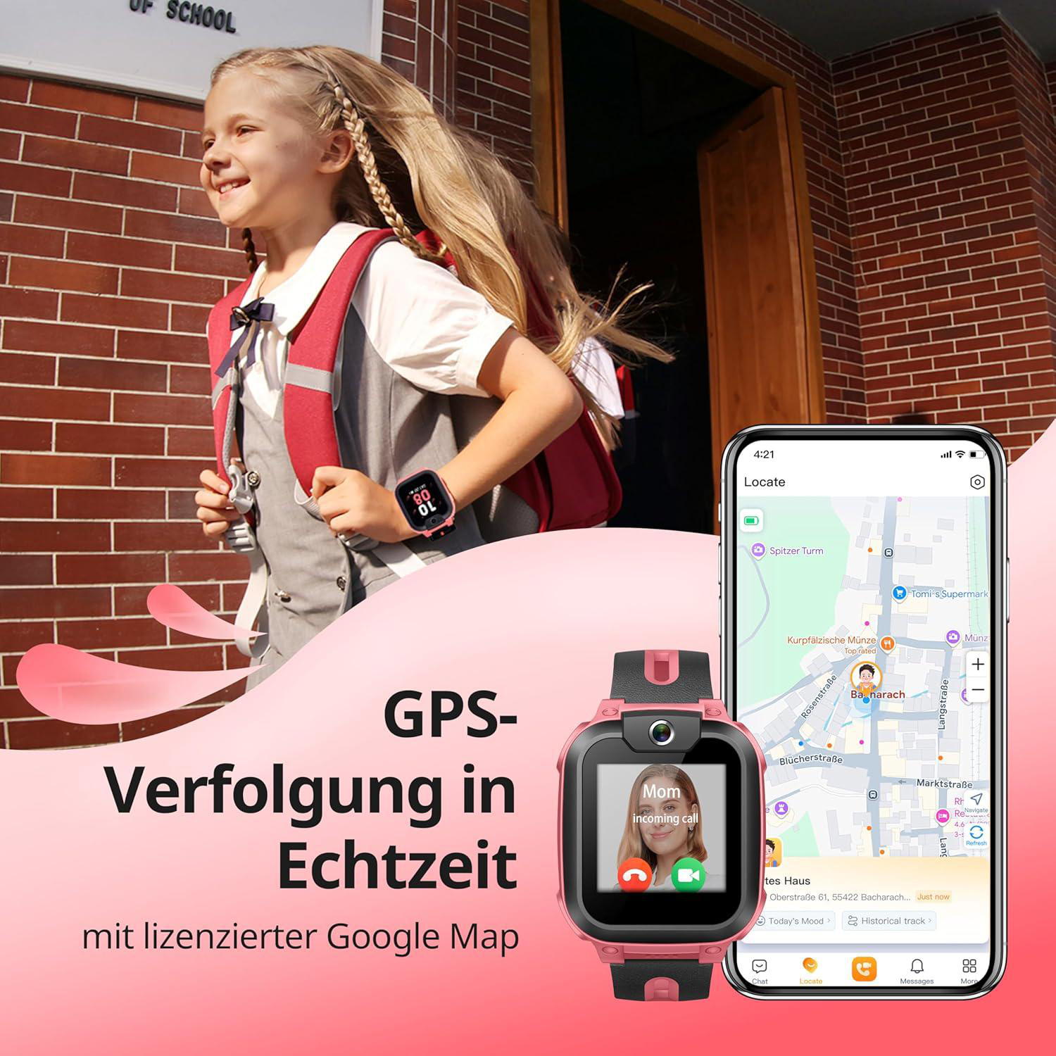 Ein Mädchen mit Rucksack vor einer Schule, daneben eine Smartwatch und ein Smartphone mit Karte.