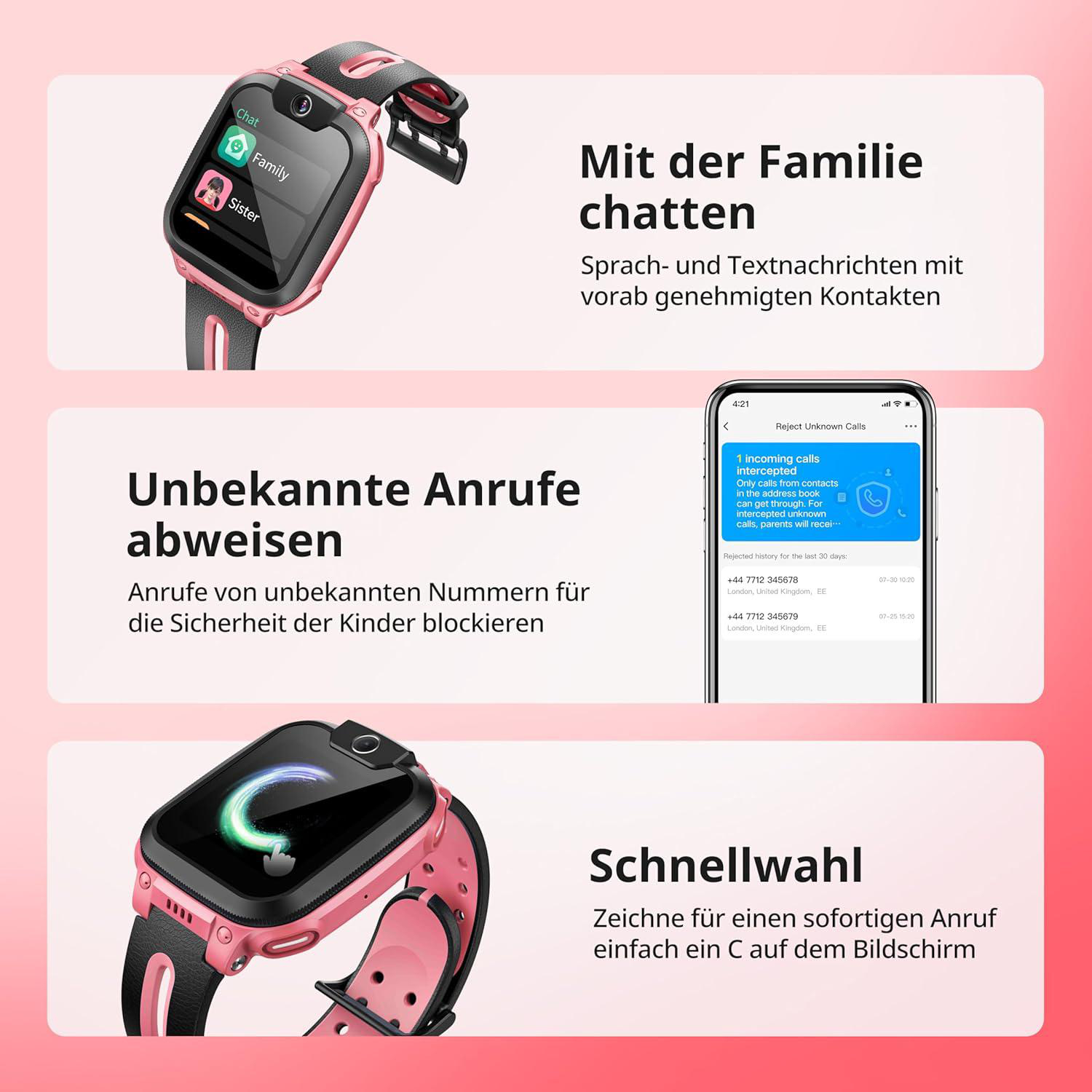 Rosa Smartwatch mit Chat-, Familien- und Schwester-Icons. Handy zeigt Anrufsperre.