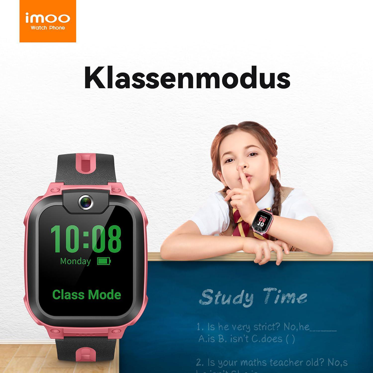 Ein Mädchen zeigt Stille, eine Uhr zeigt "Klassenmodus", ein Klassenzimmer.