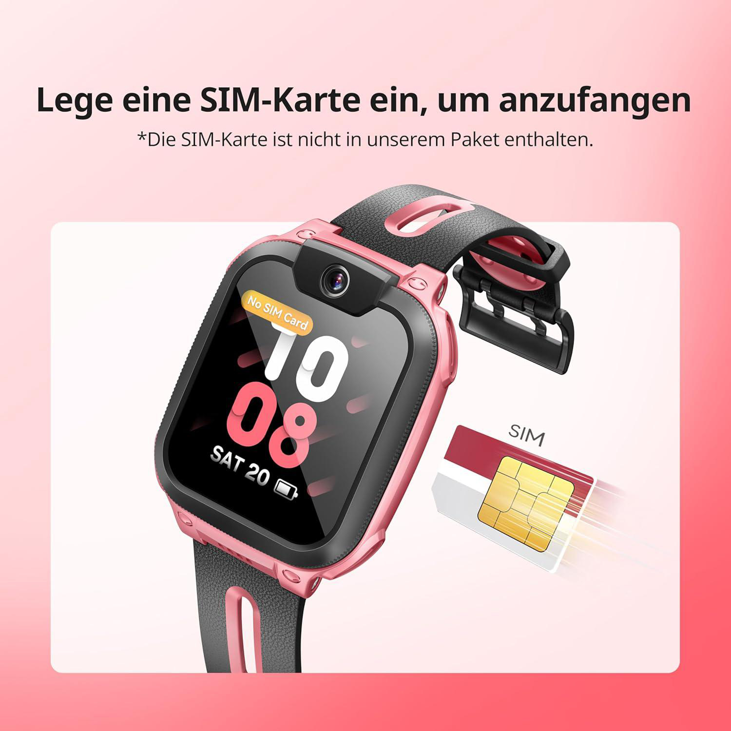 Eine pinke Smartwatch mit ausgeschaltetem Display und einer SIM-Karte.
