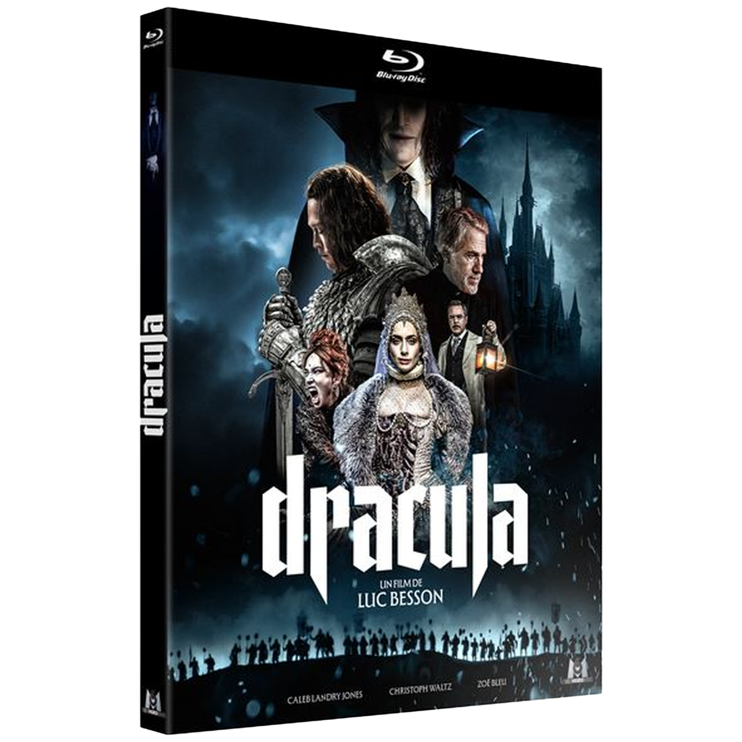 Dracula Blu-ray hoes met castleden voor een kasteel en donkere hemel.