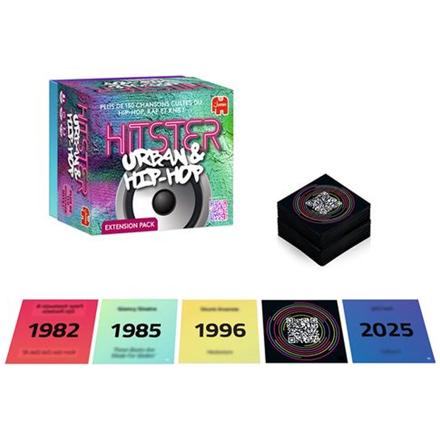 Hitster Urban & Hip-Hop game box with cards from 1982, 1985, 1996, QR code, and 2025.