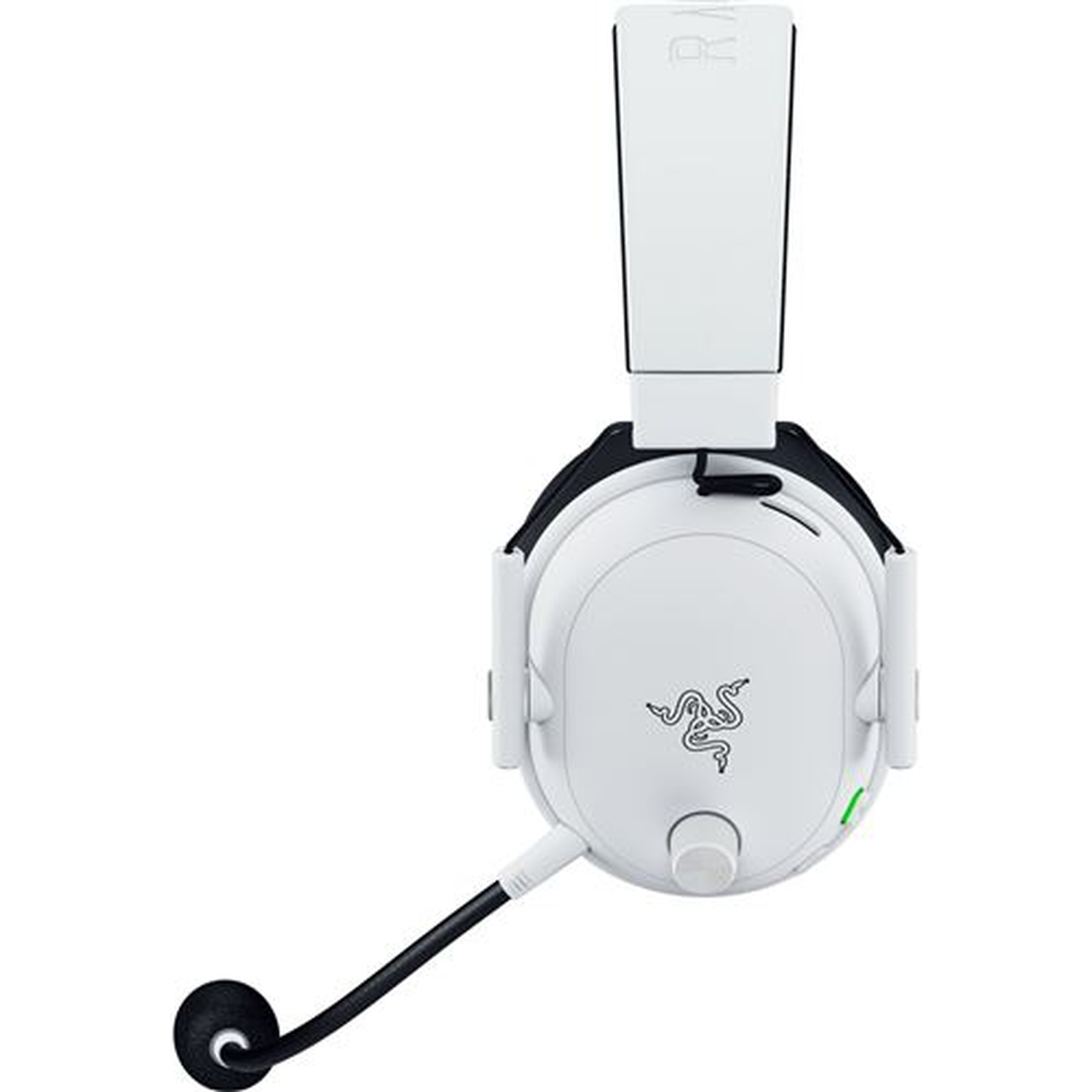 A white Razer headset with a microphone on a white background.