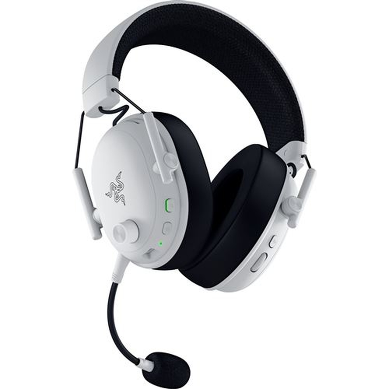 White and black headphones with a microphone, isolated on a white background.