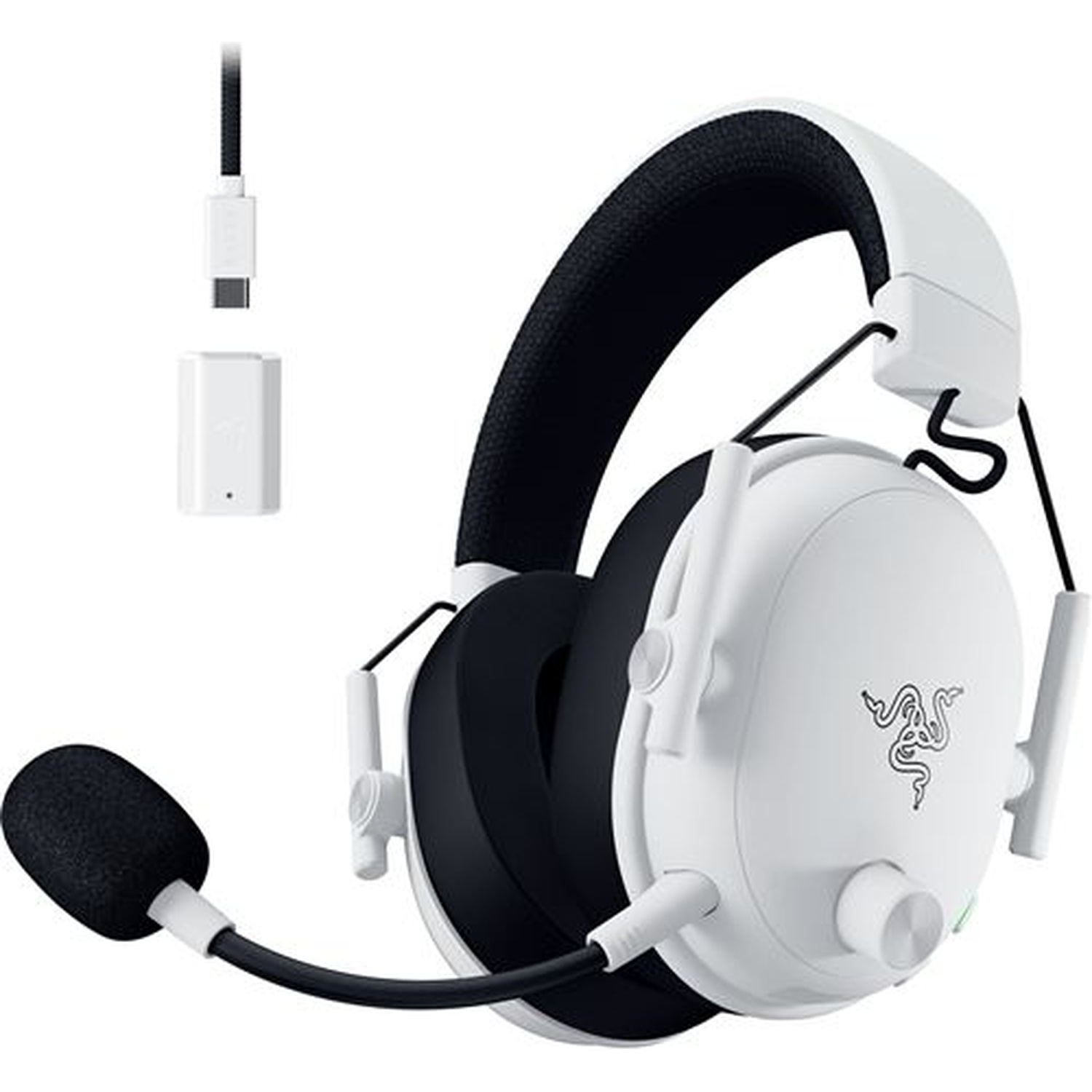 White over-ear headphones with microphone and USB-C dongle.