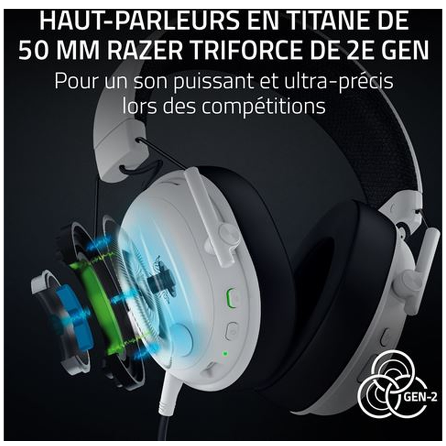 Drivers Razer Titan 50mm pour un son compétitif précis et puissant. Gen-2.