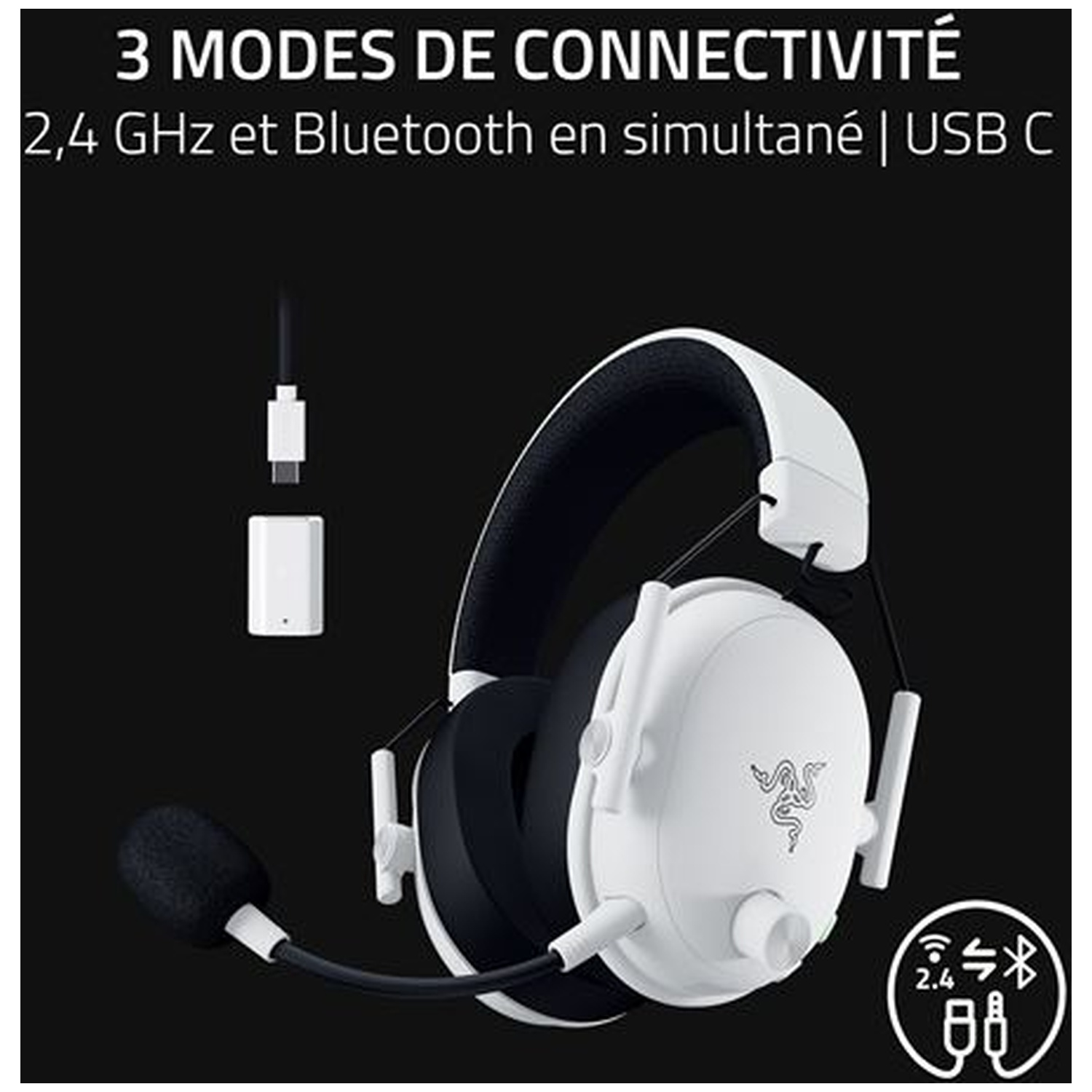 Casque blanc avec micro et dongle USB-C sur fond noir.