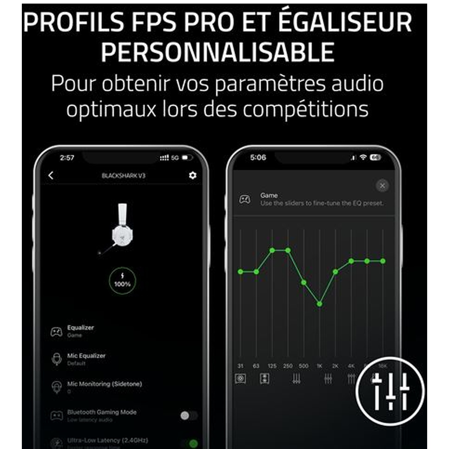 Deux écrans de smartphone montrent les réglages d'égaliseur de casque.