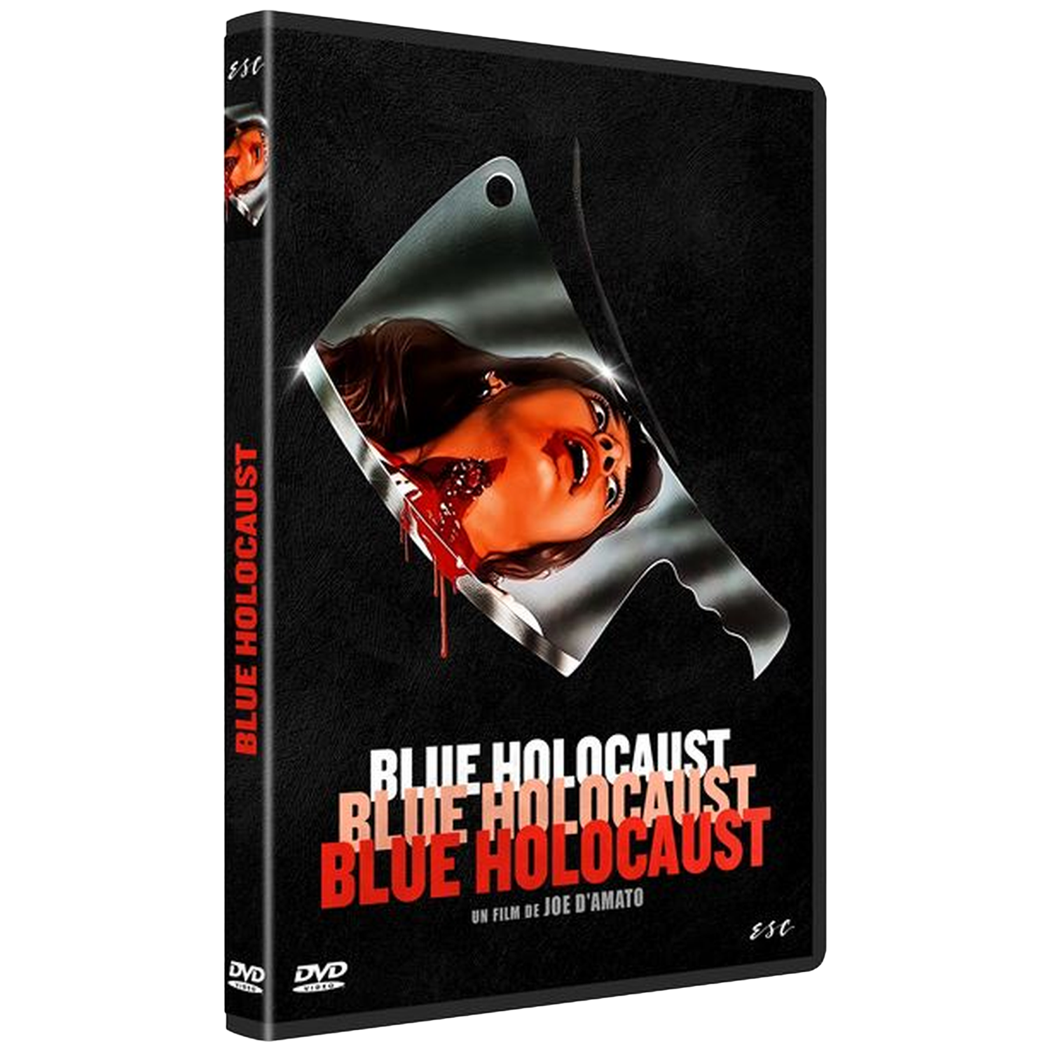Boîtier DVD avec image sanglante d'une femme et couteau, titre "Blue Holocaust".