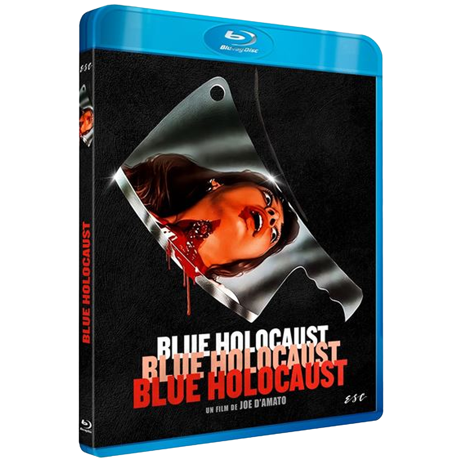 Boîtier Blu-ray avec couteau et visage hurlant, scène sanglante.