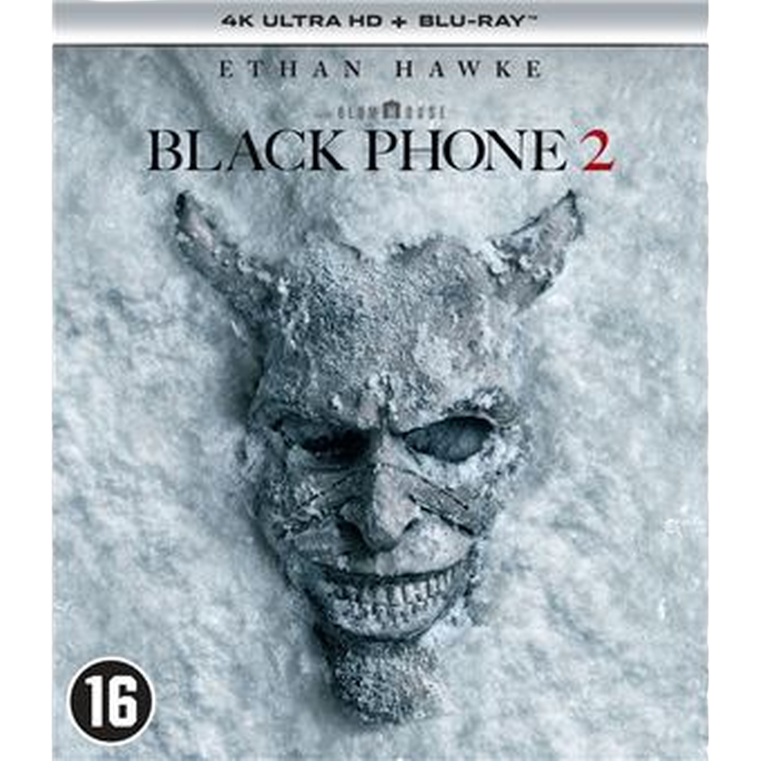 Masque au visage démoniaque couvert de neige. Titre 'Black Phone 2'.