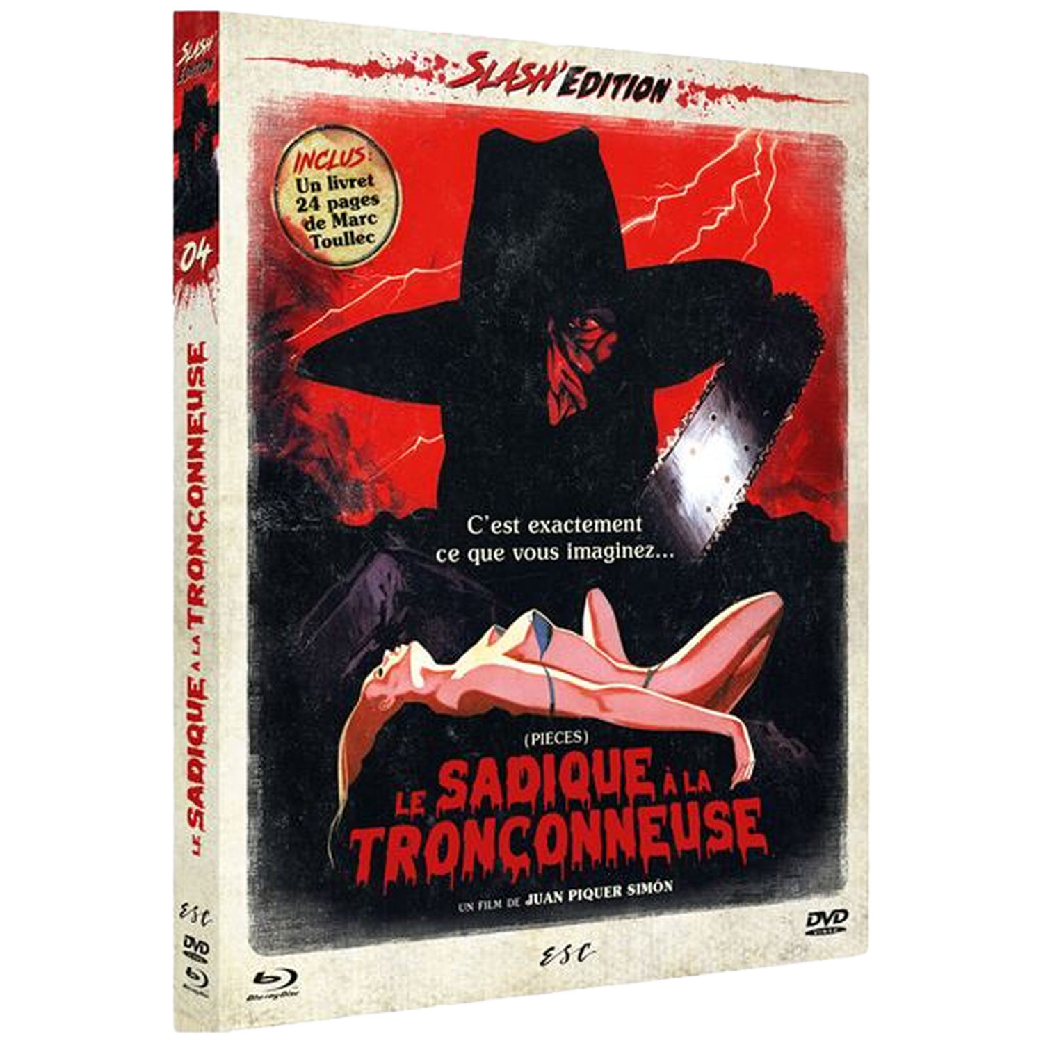 Couverture DVD horreur: Homme tronçonneuse menace femme. Fond rouge.