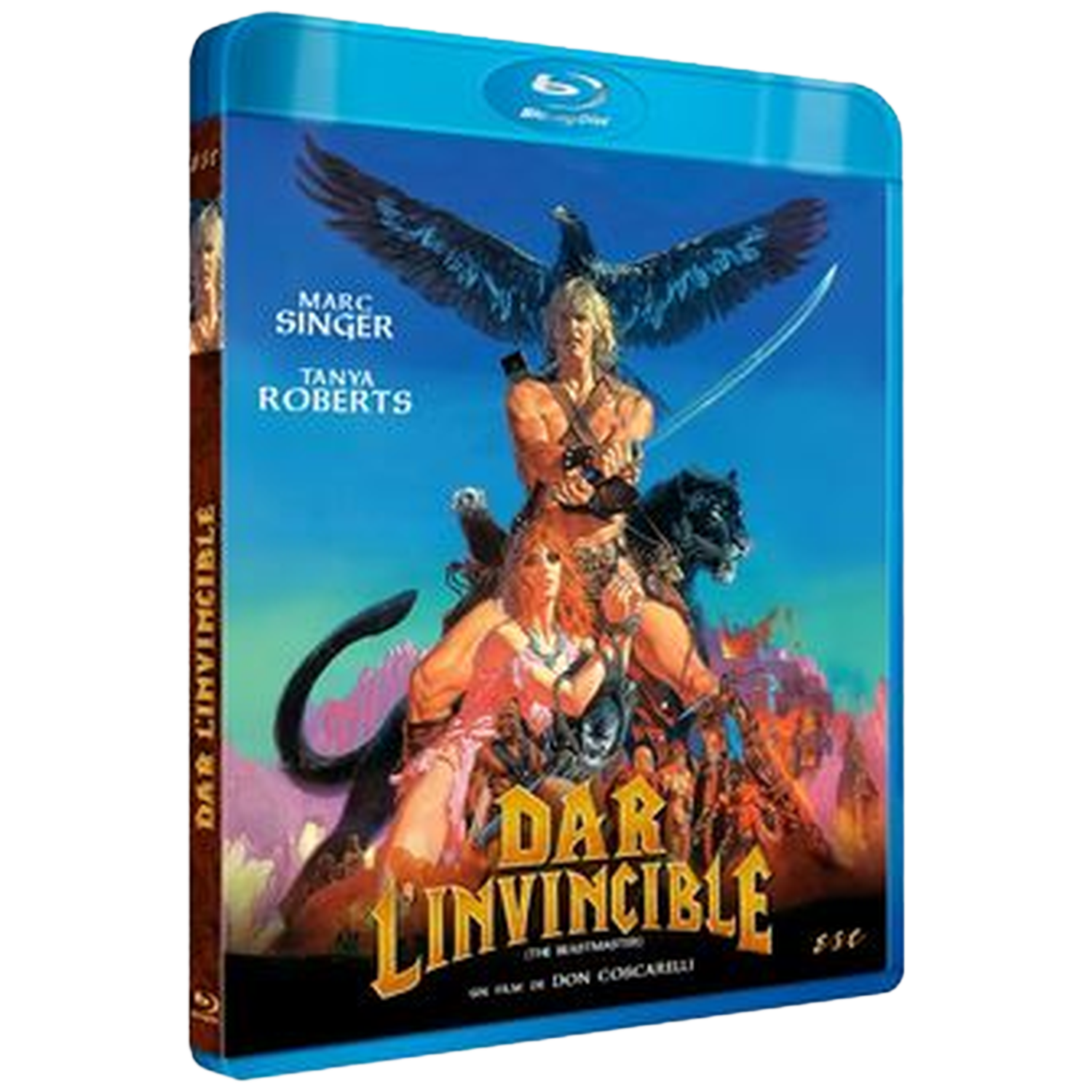 Boîtier Blu-ray avec art fantastique : homme sur panthère, aigle, femme, serpent.