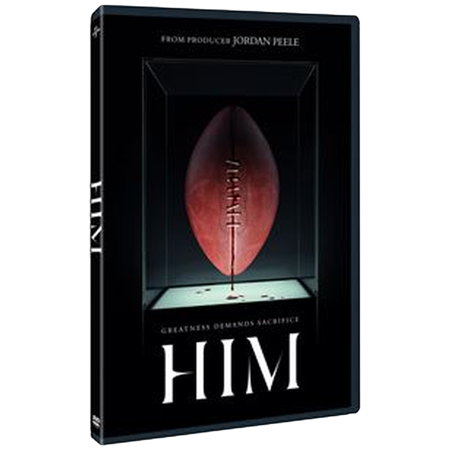 Boîtier DVD pour "Him" avec un ballon de football américain dans une vitrine, "Greatness Demands Sacrifice".