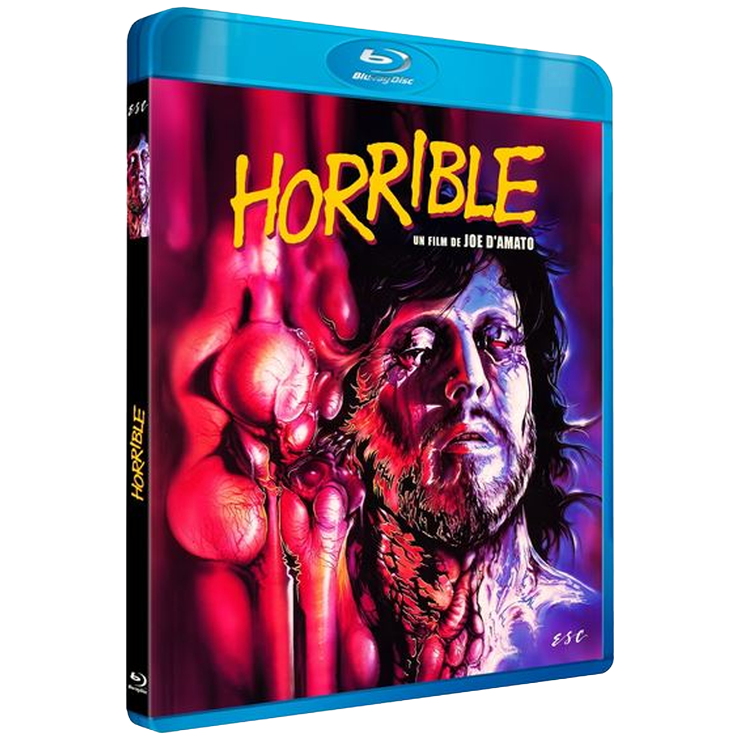Boîtier Blu-ray avec art d'horreur : un homme au visage ensanglanté et aux organes grotesques.