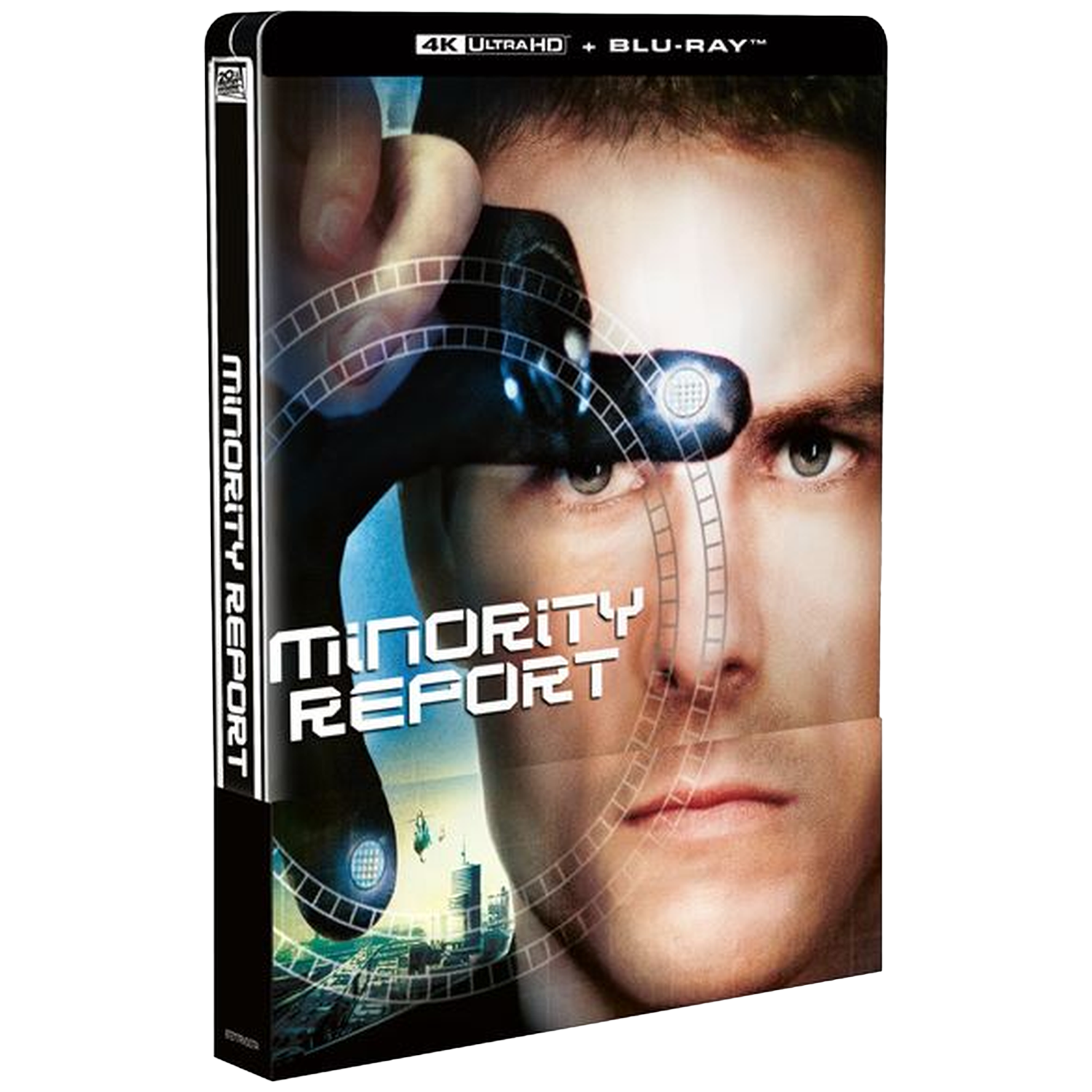 Couverture : un visage avec un appareil futuriste sur l'œil. "Minority Report" est écrit.