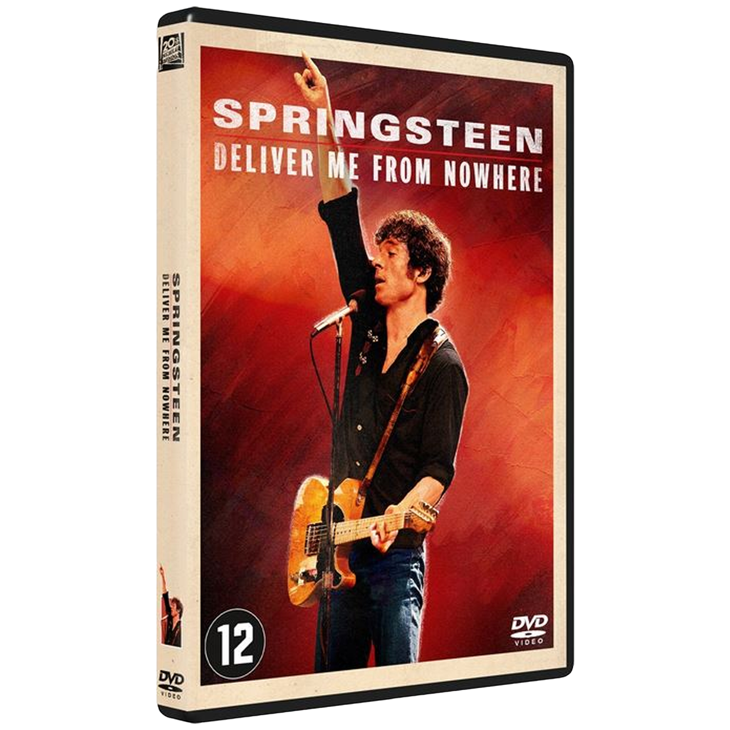 Bruce Springsteen op dvd-hoes, zingend met gitaar, vinger omhoog. "Springsteen Deliver Me From Nowhere"