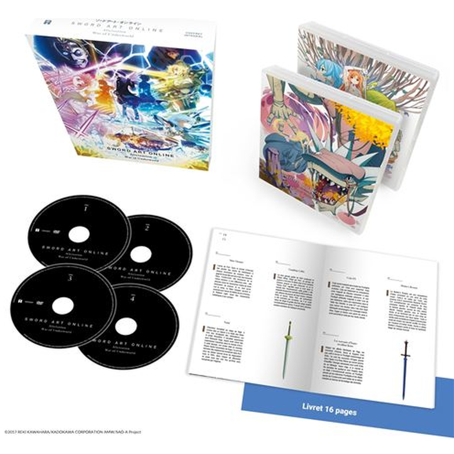 Sword Art Online box set with DVDs, cases, and a booklet featuring swords.