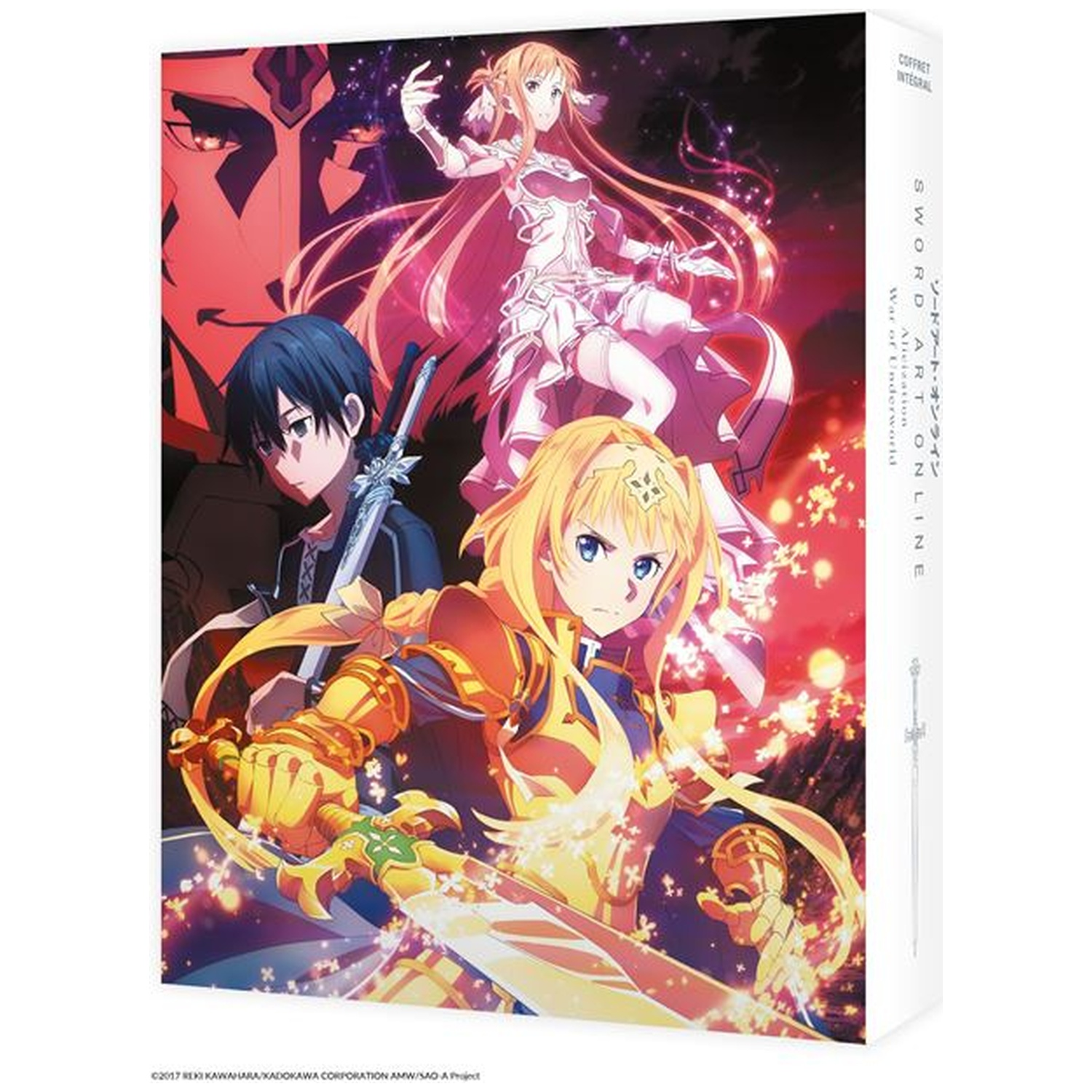 Three anime characters with swords on a red background. Sword Art Online on the cover.