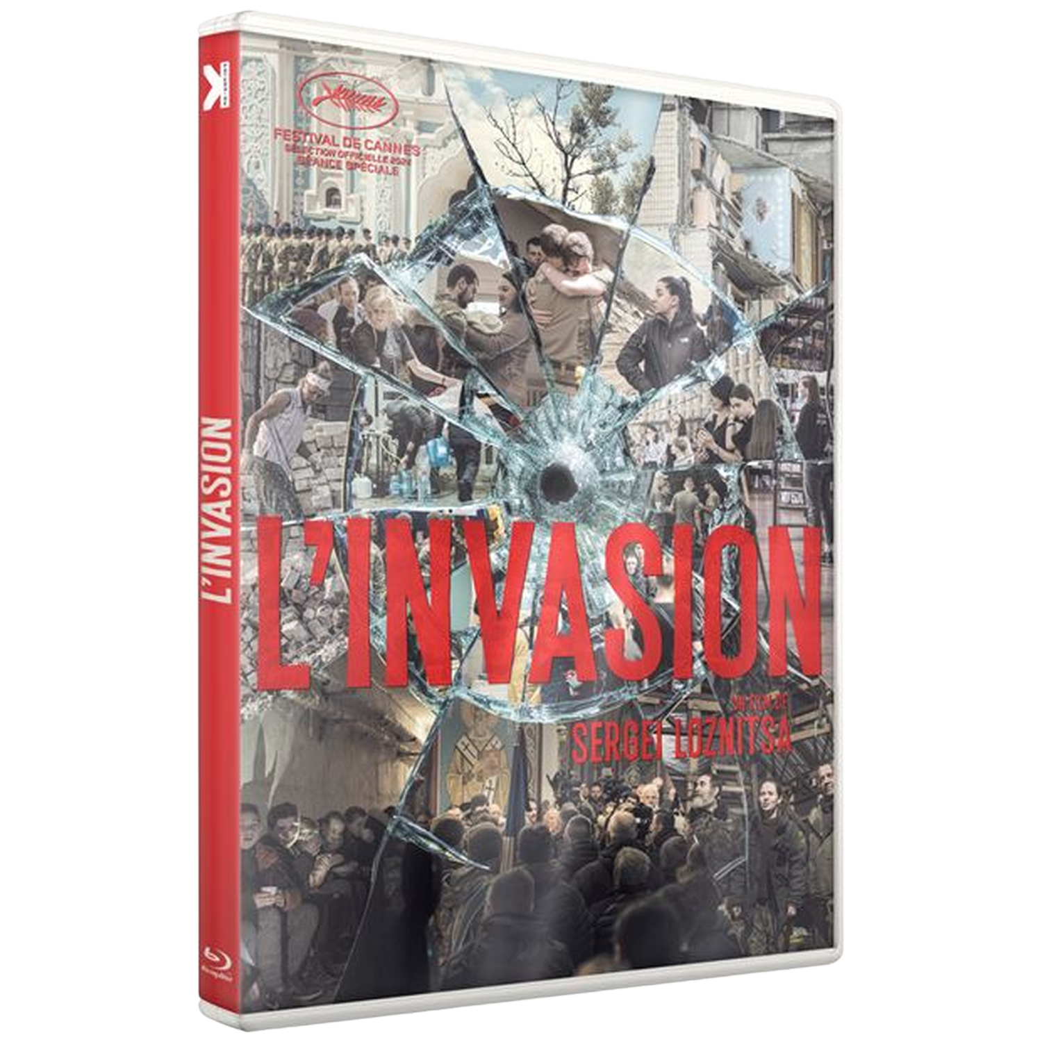 DVD-hoes L'Invasion toont gebroken glas over scènes van mensen en gebouwen.